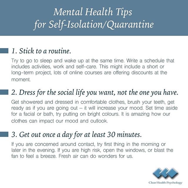 Changes to our routines can mean that we may need to adapt and adjust the ways in which we look after our mental health. 
One of our amazing clinicians Jenna Trainor from Clear Health Psychology Currambine has put together a COVID-19 Mental Health Care Package, with more information and tips like these, available on the Clear Health Psychology blog: https://clearhealthpsychology.com.au/clear-health-blog/2020/4/9/mental-health-care-package

If you need to reach out for some extra support, call our admin team on 08 6424 8177 or email office@clearhealthpsychology.com to book in for a telehealth or face-to-face appointment with one of our psychologists.

#telehealth #psychologistperth #covid19 #coronavirus #mentalhealth #psychology #psychologist #alliedhealth #clearhealthpsychology #psychologymelbourne #psychologysydney #psychologyaustralia #telemedicine #mentalhealthawareness #anxiety #depression #selfcare