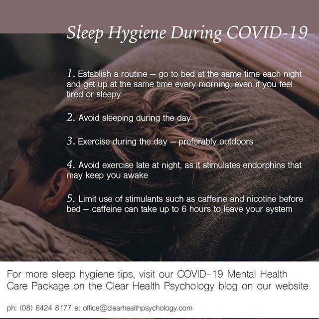 We know that routine and structure is really important during self-isolation. It is also a period of time in which we have the opportunity to spend longer in bed. This can be problematic and cause sleep difficulties, low mood and make our brain associate our bed with entertainment. 
Clear Health Psychologist Jenna Trainor provides some tips to help manage this in our COVID-19 Mental Health Care Package, available on the blog on our website.

If you need to reach out for some extra support, call our admin team on 08 6424 8177 or email office@clearhealthpsychology.com to book in for a telehealth or face-to-face appointment with one of our psychologists

#telehealth #psychologistperth #covid19 #coronavirus #mentalhealth #psychology #psychologist #alliedhealth #clearhealthpsychology #psychologymelbourne #psychologysydney #psychologyaustralia #telemedicine #mentalhealthawareness #anxiety #depression #selfcare #sleephygiene