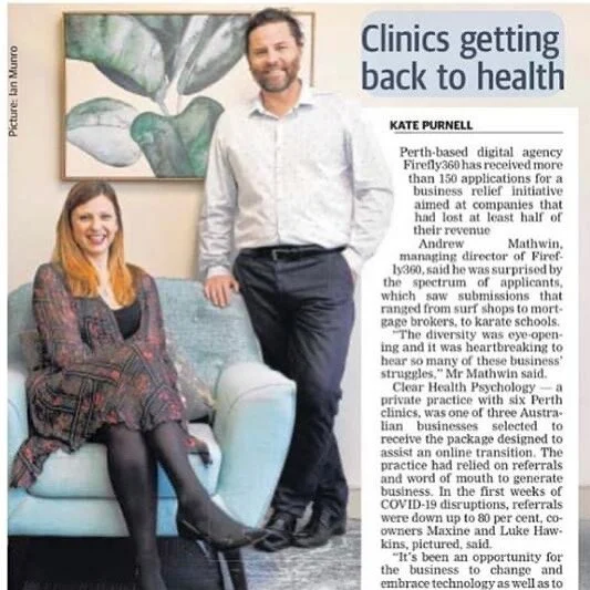 Thank you to @thewestaustralian for featuring Clear Health Psychology as a part of @fireflythreesixty 's business initiative aimed at companies affected by COVID-19. 
We are excited to have @fireflythreesixty expertise in this ever increasing digital world.  We are looking forward to increasing our offerings to our clients.  We are adapting and changing to best meet the mental health of all West Australians.  Our core business is face-to- face sessions which will always remain our focus. 
If you have any queries or would like to book a face-to-face or telehealth appointment, please feel free to call our admin team on (08) 6424 8177 or email office@clearhealthpsychology.com.

#telehealth #psychologistperth #mentalhealth #psychology #psychologist #alliedhealth #clearhealthpsychology #psychologymelbourne #psychologysydney #psychologyaustralia #telemedicine #mentalhealthawareness #anxiety #depression #selfcare