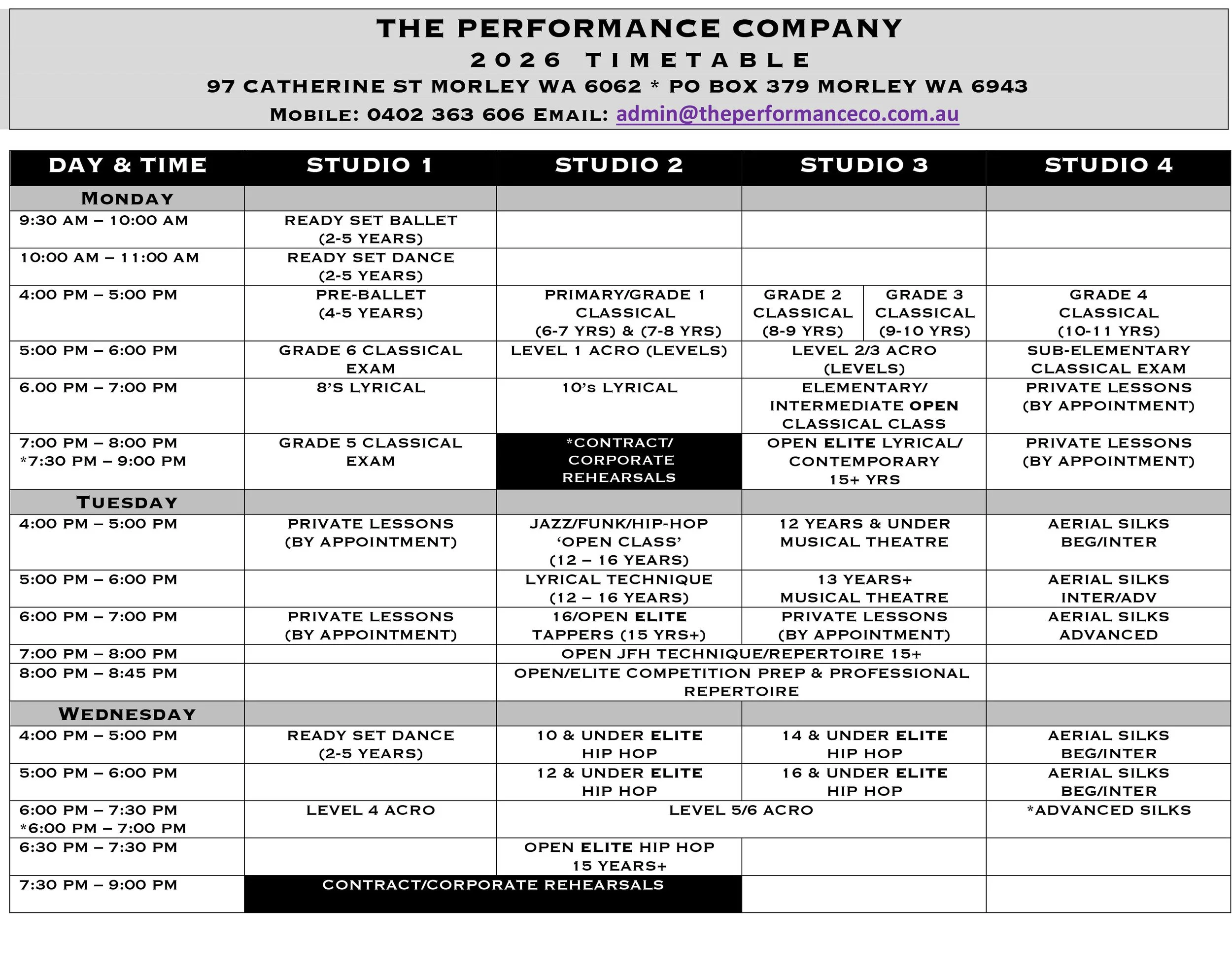 The Performance Company 2026 Timetable