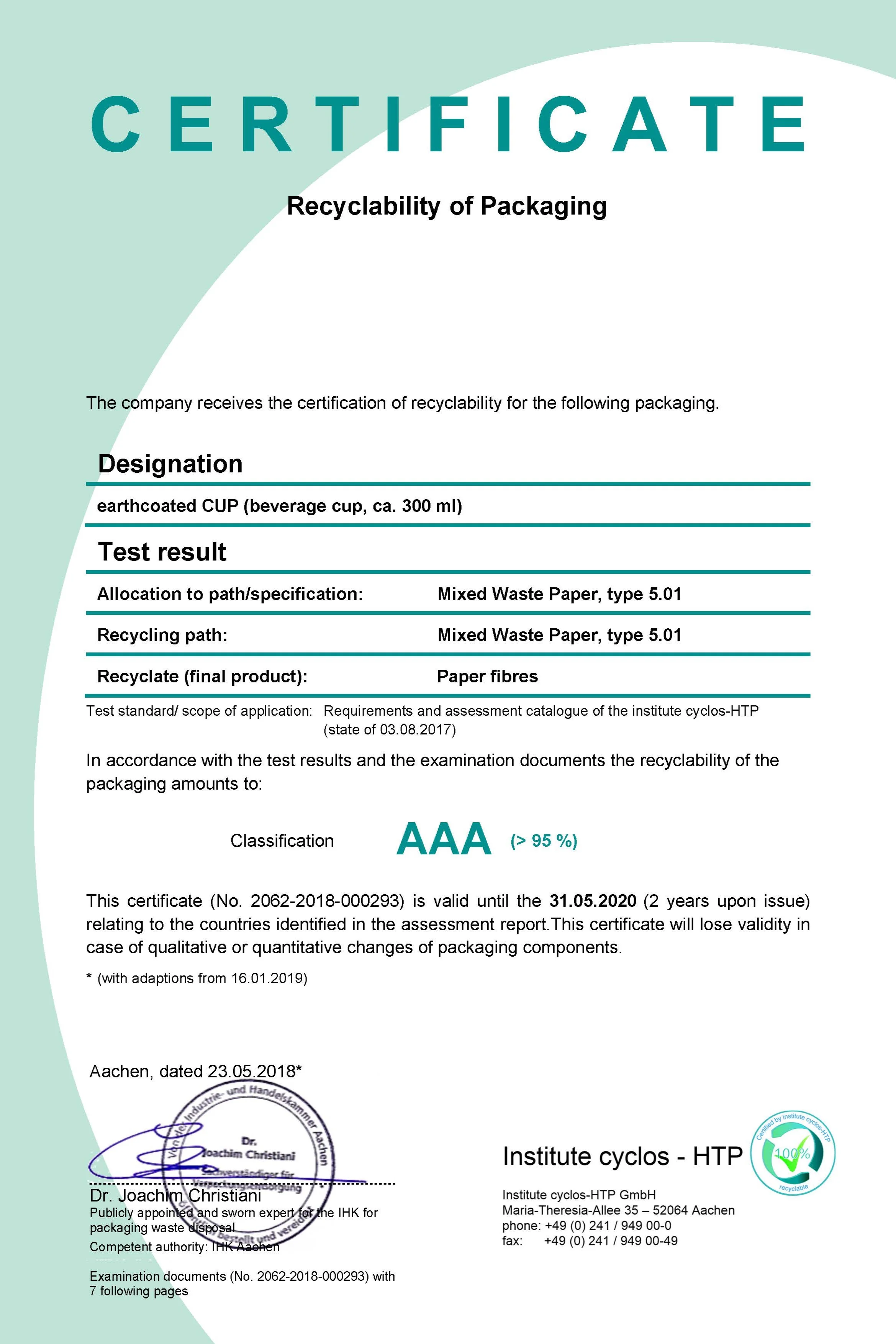 EarthCoating® comes up aces, as recyclable paper cup awarded with highest level, “Triple A” certification for recyclability from The Green Dot