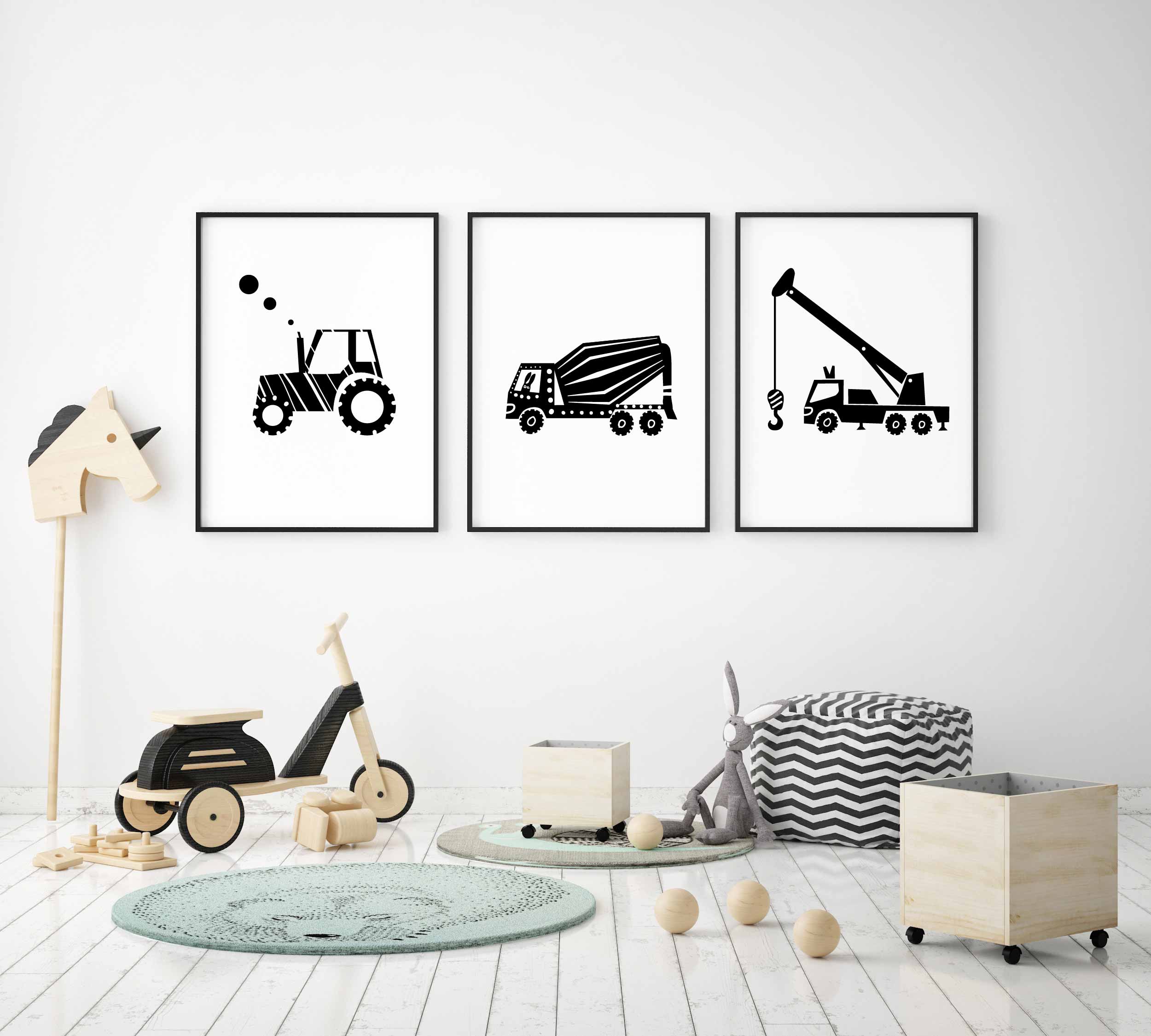 Set of 4 Prints Pictures with Diggers for Boys Bedroom Construction Vehicles 