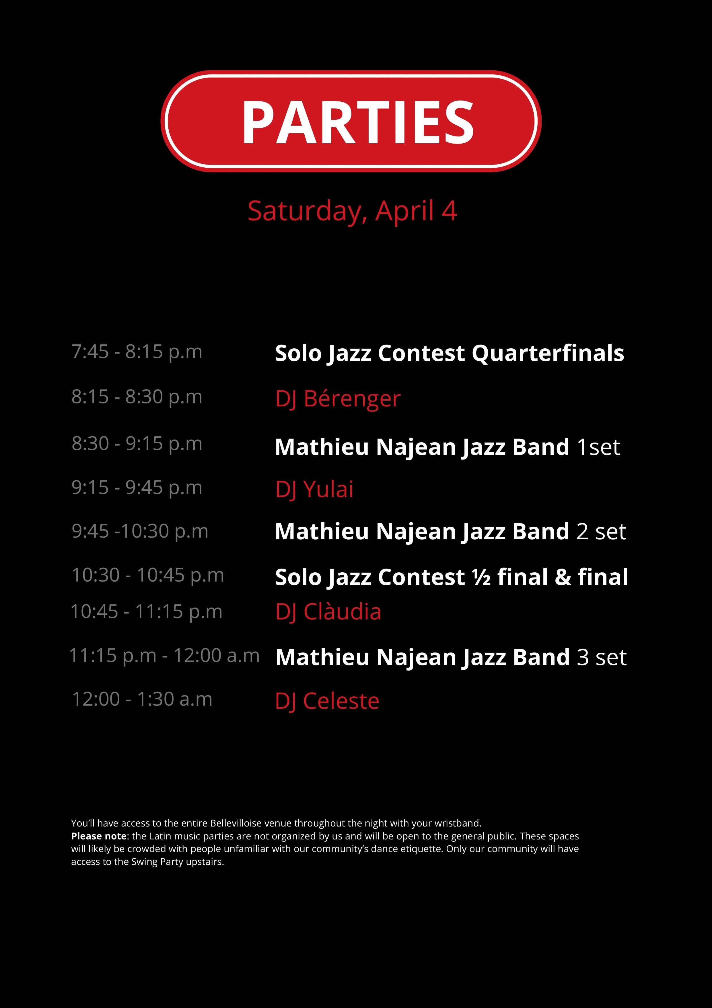 Event schedule for Saturday, April 4, featuring music and DJ performances, titled 'Parties' at various times from 7:45 pm to 1:30 am, with a black background and red and white text.