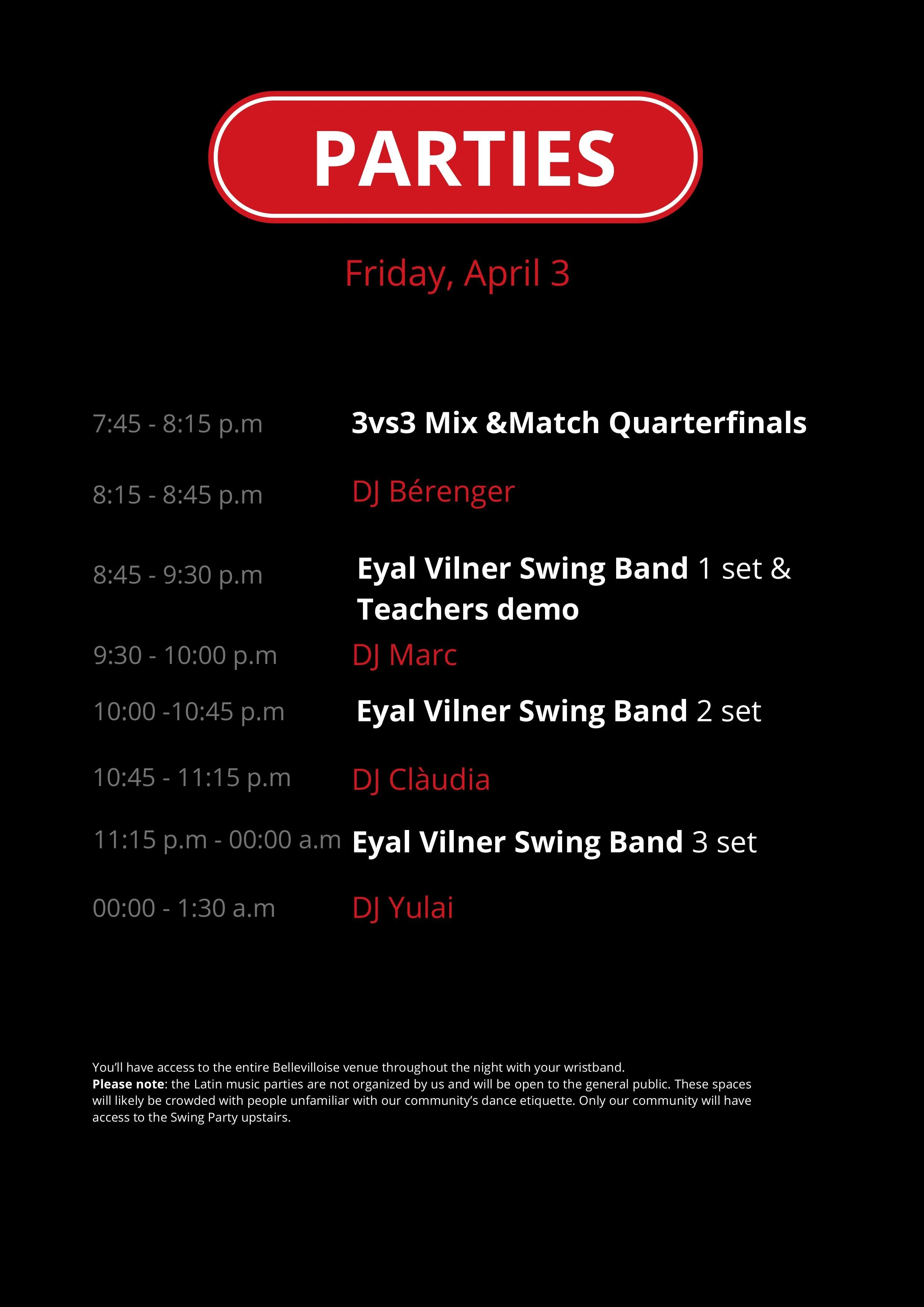 Event schedule for Friday, April 3, with details of various entertainment and DJ performances at a venue, including times and the names of performers.
