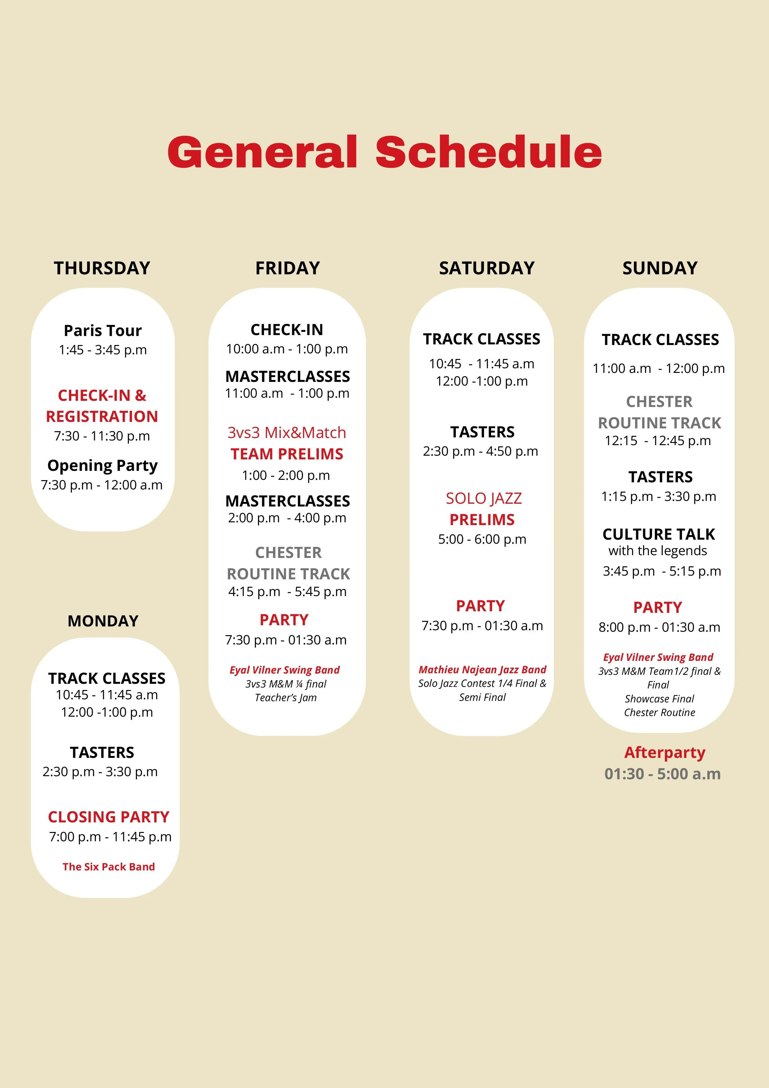 Weekly schedule with events and activities listed for Thursday through Sunday, including dance classes, parties, and band performances.