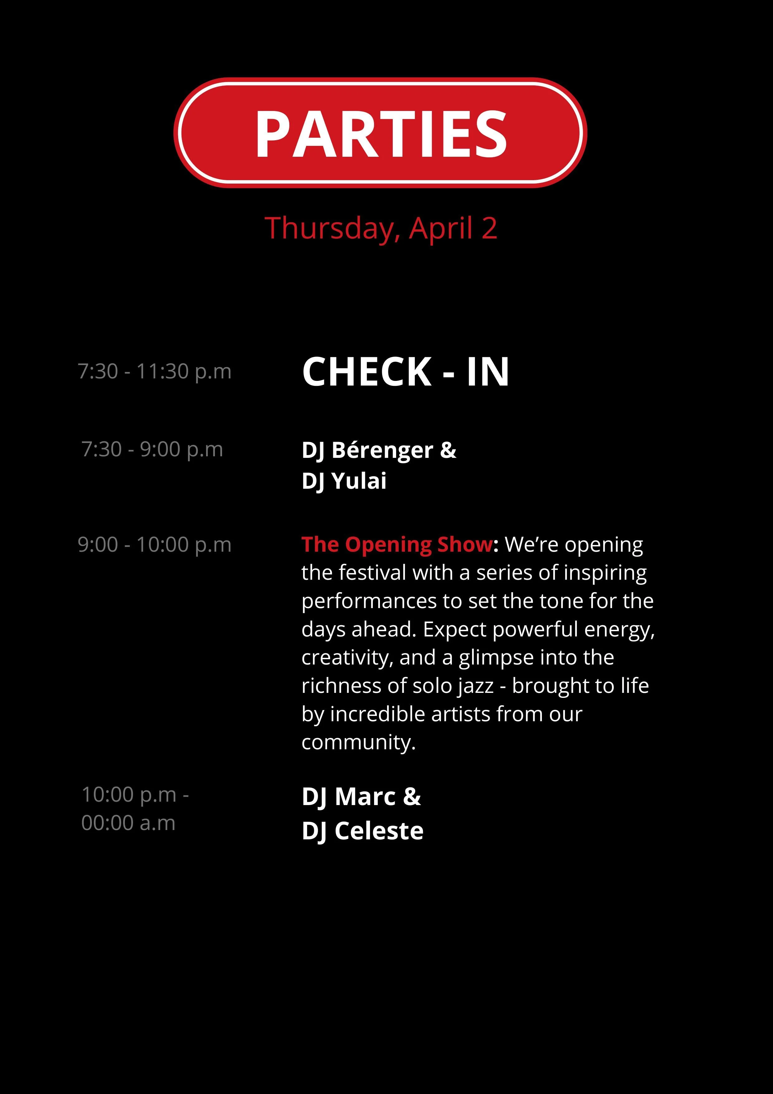 Event schedule poster for a party festival on Thursday, April 2, featuring check-in times, DJ performances, and the opening show with performances by DJ Béranger, DJ Yulai, DJ Marc, and DJ Celeste, with detailed timings and descriptions.