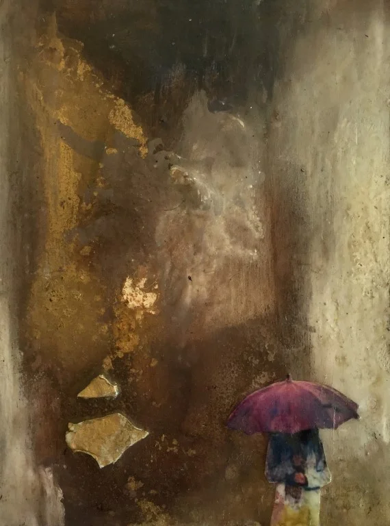 raining hope - mixed media on board - 16cm x 12cm - sold
