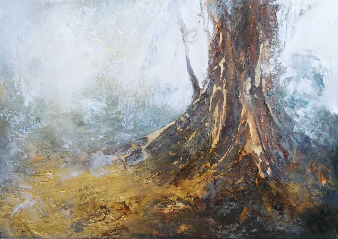 Light Shines Gold - mixed media on board - 30x40cm - SOLD