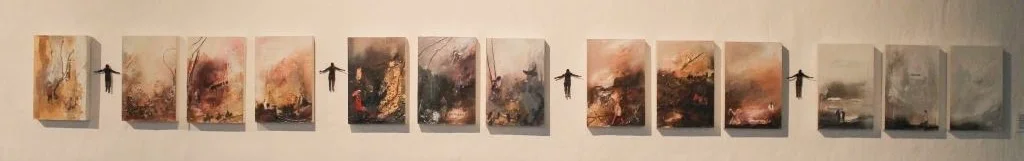 WE ALL SEEK TO BE FREE Artists were encouraged to engage with the ethos of the gallery with the theme of TRANSFORMATION-INCUBATION-ACTIVATION. Working in mixed media on small 10x15cm formats, I responded with thirteen blocks, interspersed with small flying figures suspended on the wall in-between the blocks. We All Seek To Be Free We each have our own landscape, the geography of which is determined by our own unique circumstances. We are though, all connected in some way or another. In the end we each most likely want the same thing - freedom.
