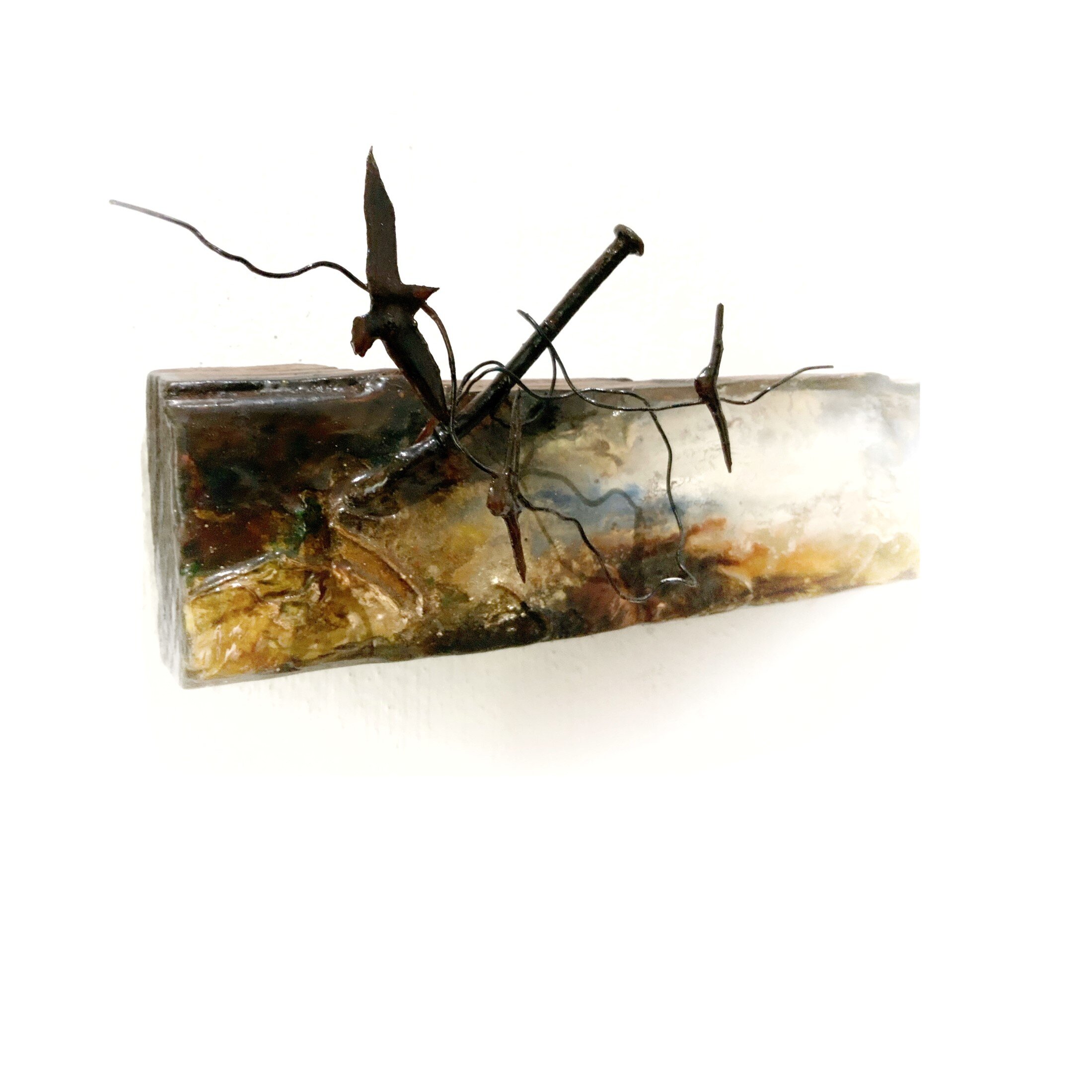 Birds on a Wire - AP009 - Assemblage - Found Wood, Wire, Oil, Resin - 30x9x4cm - SOLD