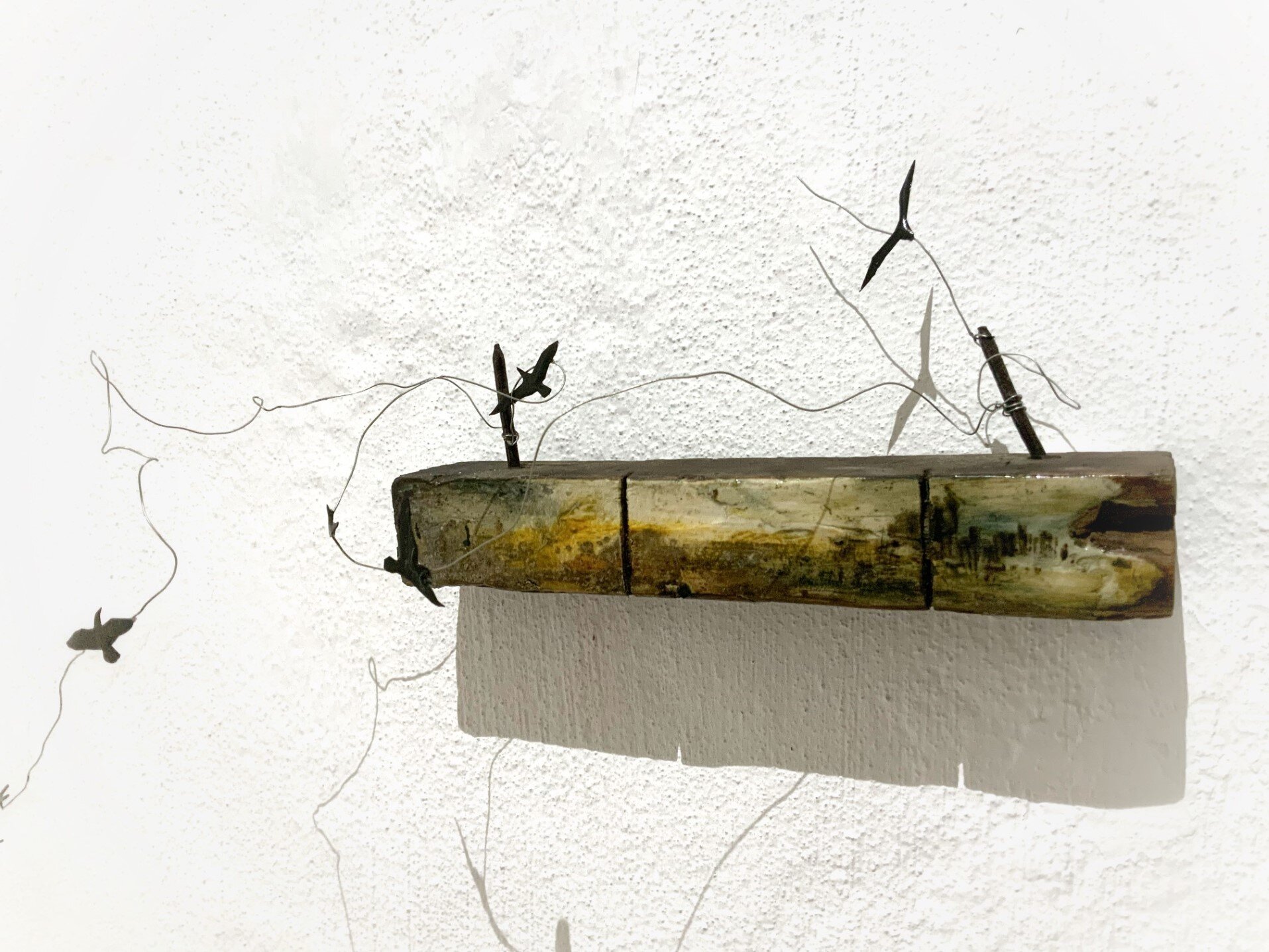 Birds on a Wire - AP012 - Assemblage - Found Wood, Wire, Oil, Resin - 22x4x8cm - SOLD