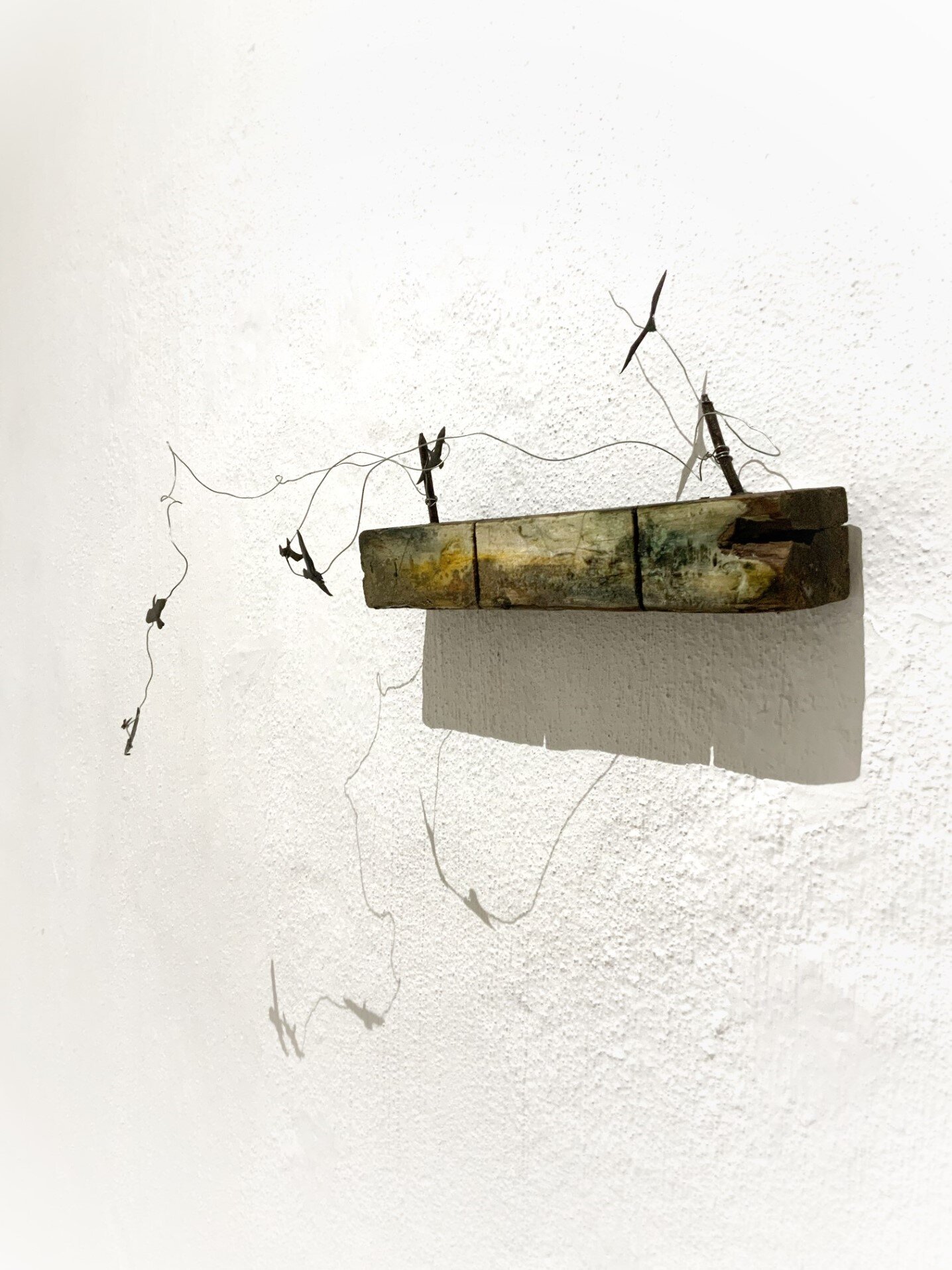 Birds on a Wire - AP012 - Assemblage - Found Wood, Wire, Oil, Resin - 22x4x8cm - SOLD