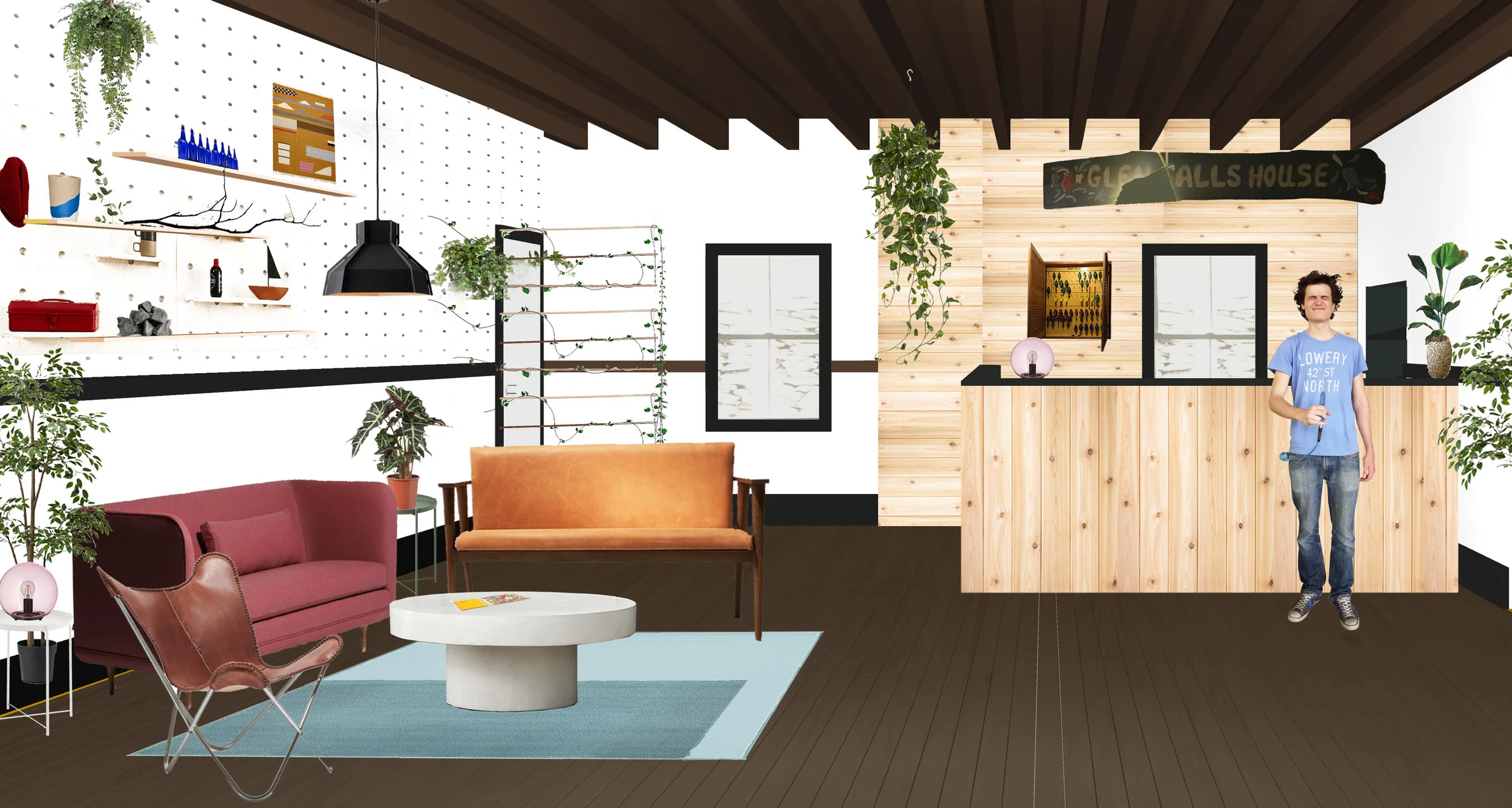 Our collaged rendering of the lobby