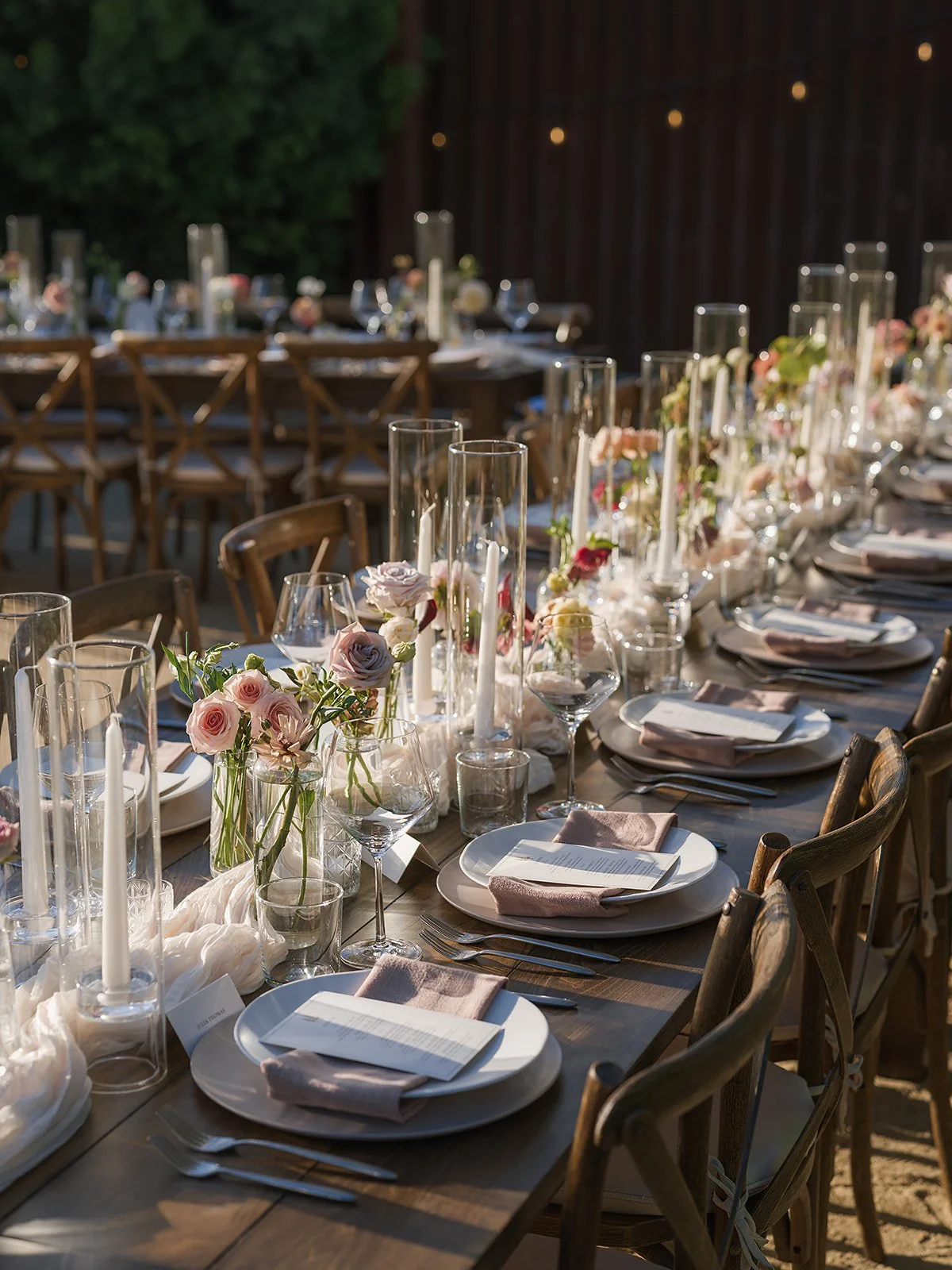  TaylorKinziePhoto Sonoma wine country wedding florist Rectangular wedding reception table with minimalist bud vases and taper candles at The Junction in Mill Valley 