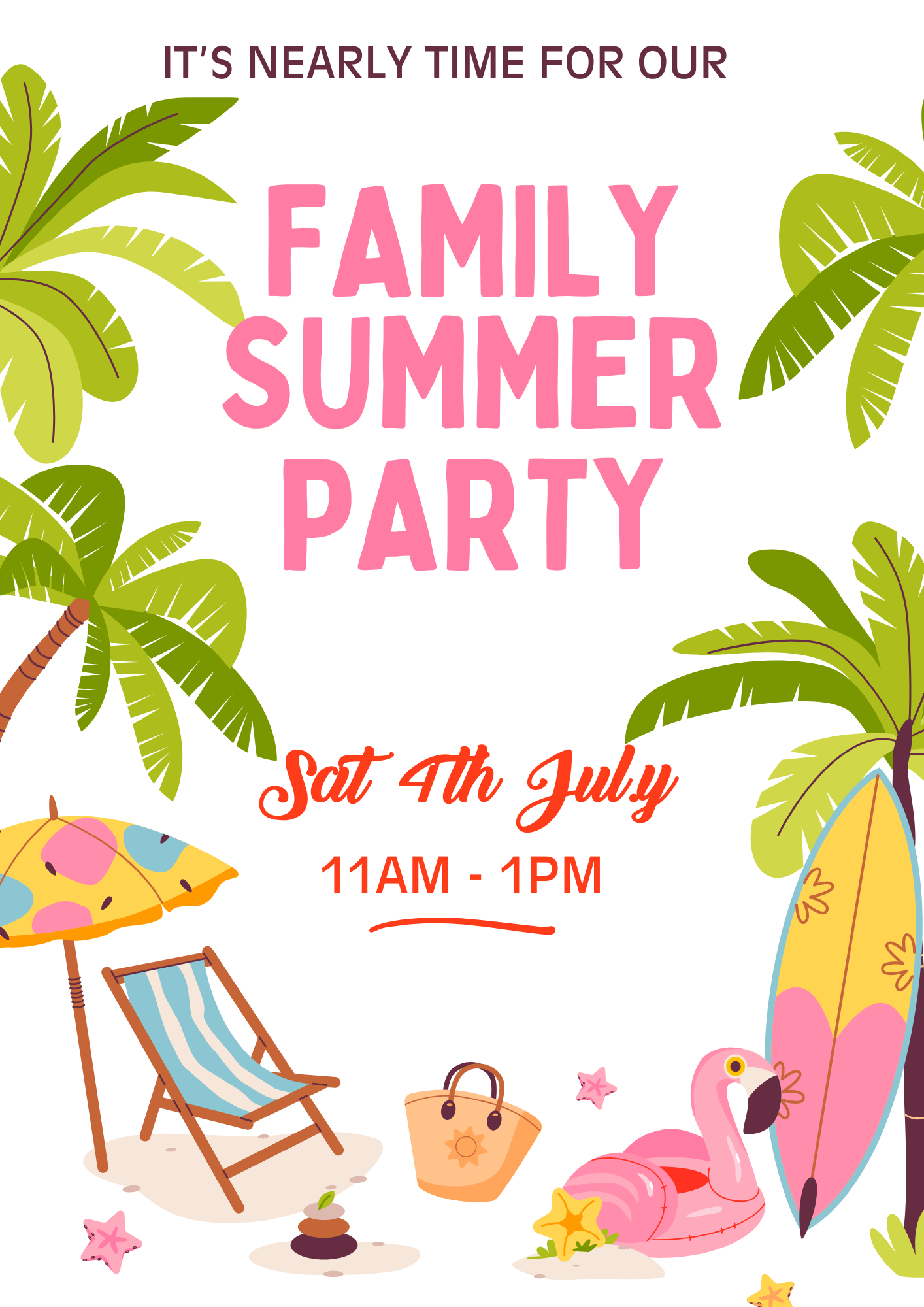 Invitation to a family summer party featuring tropical elements like palm trees, a colorful umbrella, a beach chair, a pink flamingo float, starfish, seashells, and a beach bag, with event details including date and time.