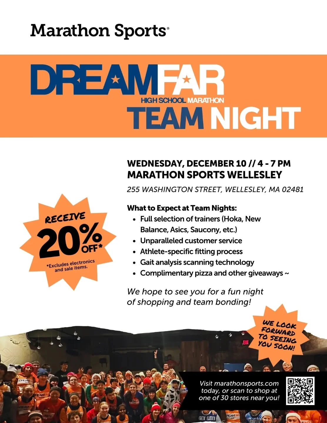 Dreamfar Team Night @marathonsports Wellesley! 
Save 20% on almost everything 
Just show up 🏃🏃&zwj;♂️🏃&zwj;♀️