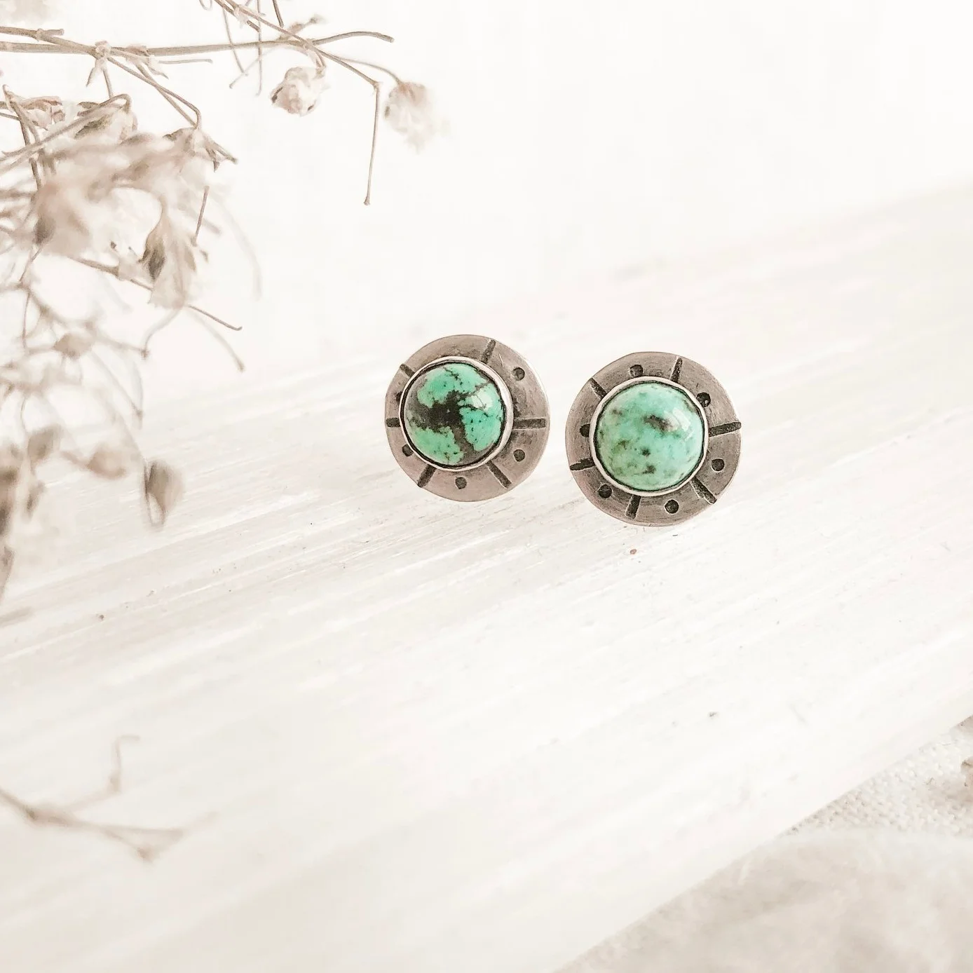 hand fabricated, handmade silver sterling earrings with semi precious stones by independent designer Third Hand available to shop online and in Beacon New York