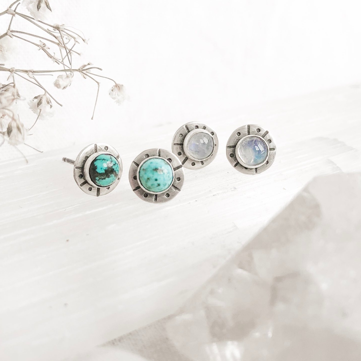 hand fabricated, handmade silver sterling earrings with semi precious stones by independent designer Third Hand available to shop online and in Beacon New York