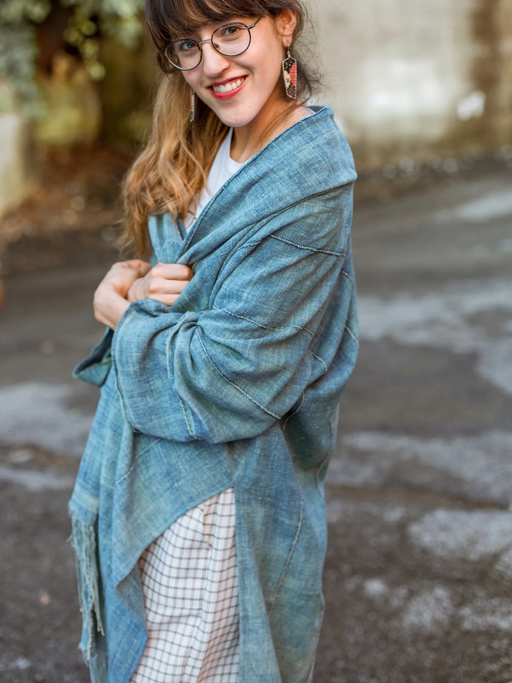 vintage handwoven heritage textiles made in Oakland CA by Mira Blackman one of a kind indigo tassel coat available at Wares in Beacon NY and to shop online now denim