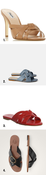 1 / Tan, DUNE . 2 / Blue, ZARA . 3 / Red, OFFICE. 4 / Black, MASSIMO DUTTI