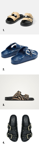 1 / Cream, ZARA. 2 / Blue, BIRKENSTOCK x IL DOLCE FAR NEITE. 3 / Animal, MASSIMO DUTTI 4 / Black, KG KURT GEIGER