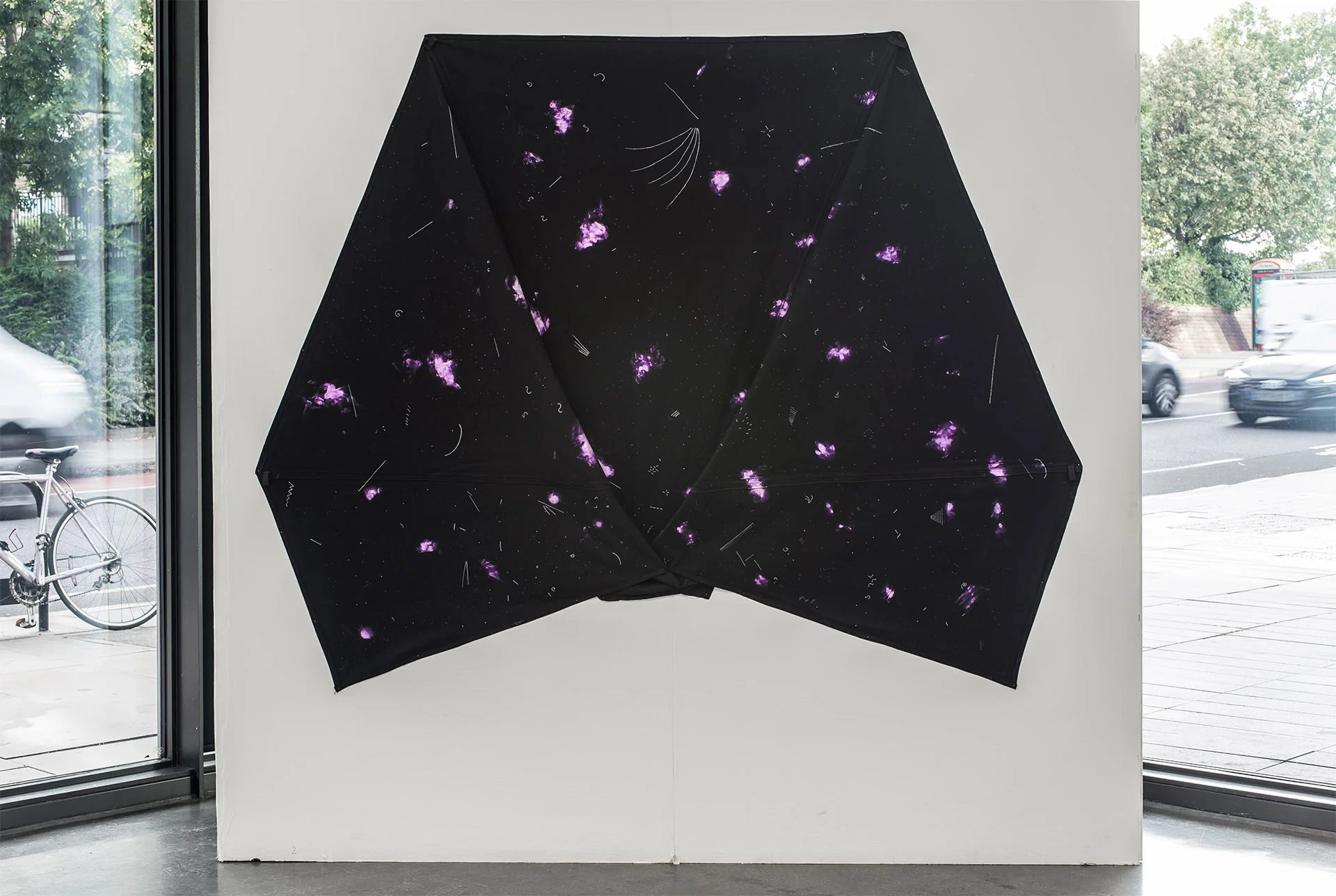   If I am here where are you , 2019, acrylic and ink on denim, 220 x 150 cm. 