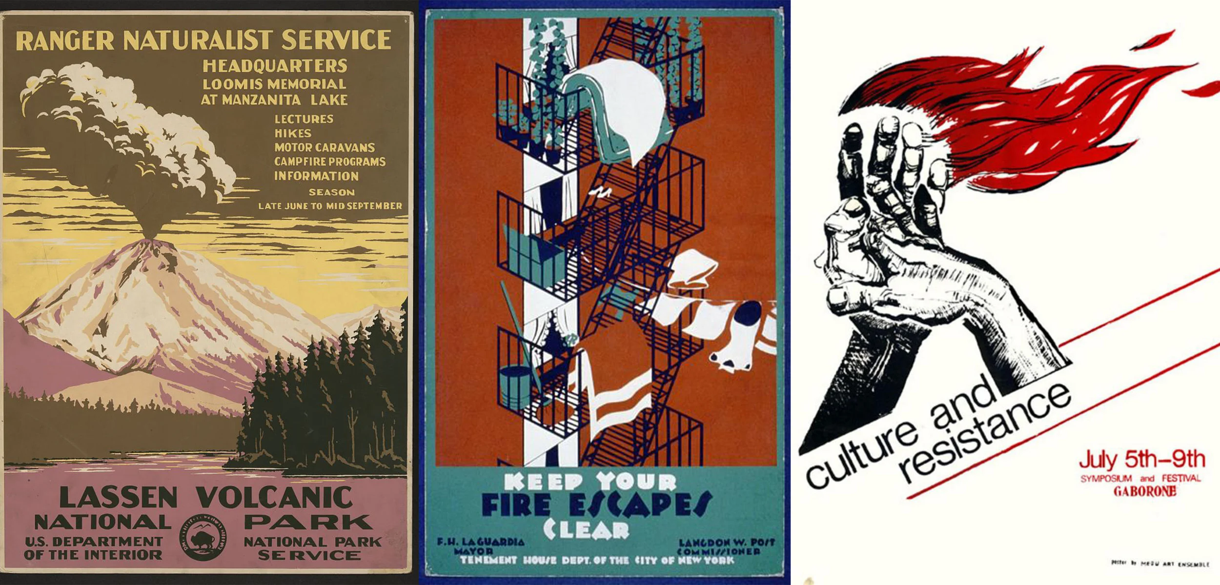 L to R - WPA National Park Poster (1938), Tenement House Department of the City of New York (1936), Poster for Culture and Resistance Conference in South Africa by Thami Mnyele (1982)
