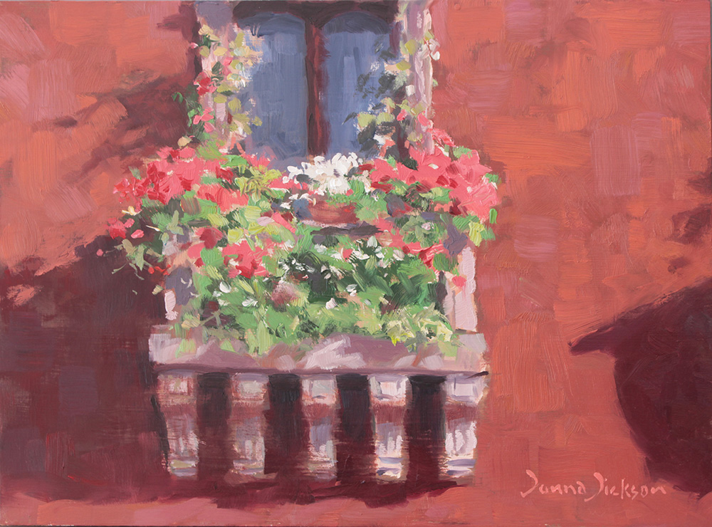 BALCONY FLOWERS 9x12in., oil panel, Donna Dickson, $600.jpg
