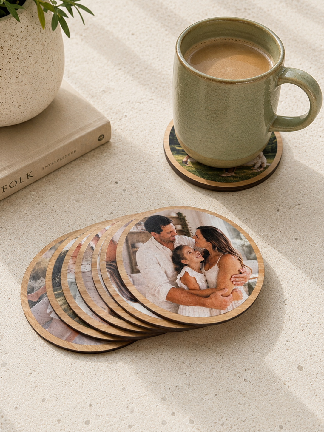 personalised tas oak wood photo coasters on kitchen bench brighton.png