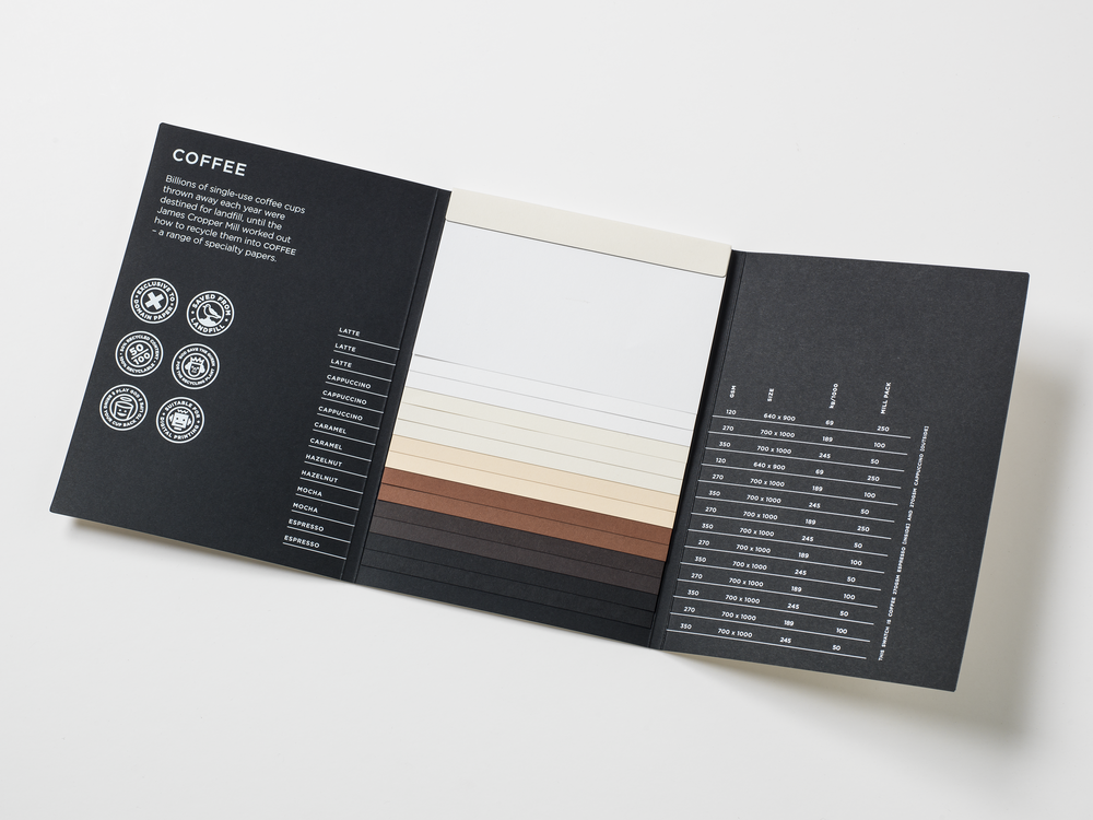 Coffee Paper The world’s first paper made from the Cupcycling™ process. Each sheet contains 50% recycled coffee cups. Available in 6 shades & Grammages 120gsm - 350gsm