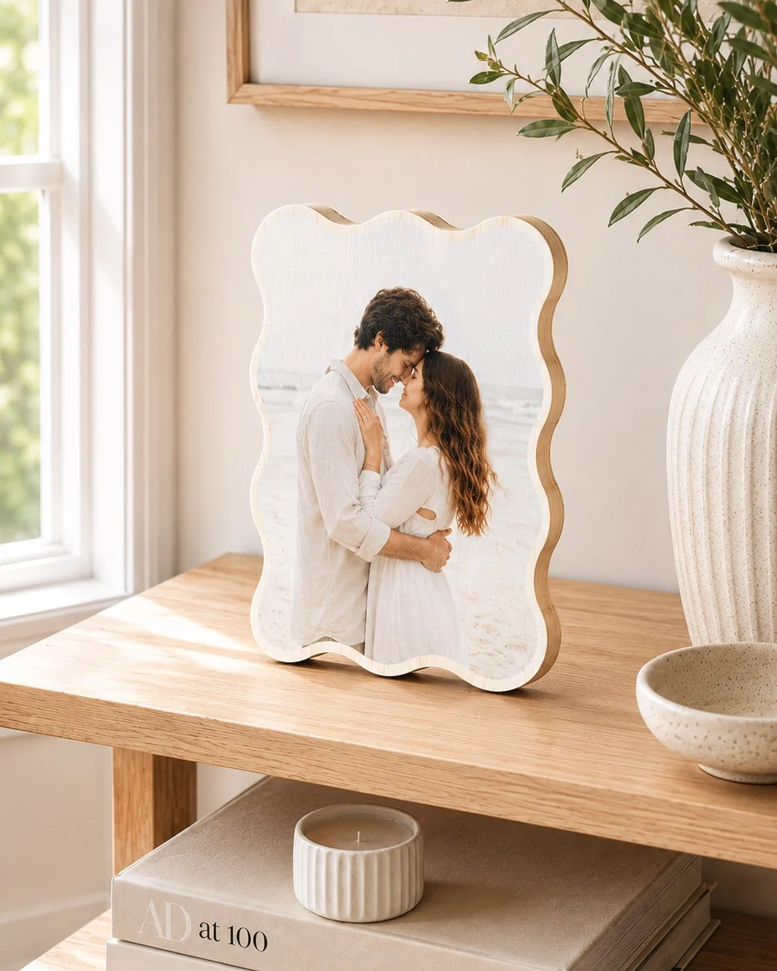 wave shape wood photo block on shelf hamptons house 4.jpg