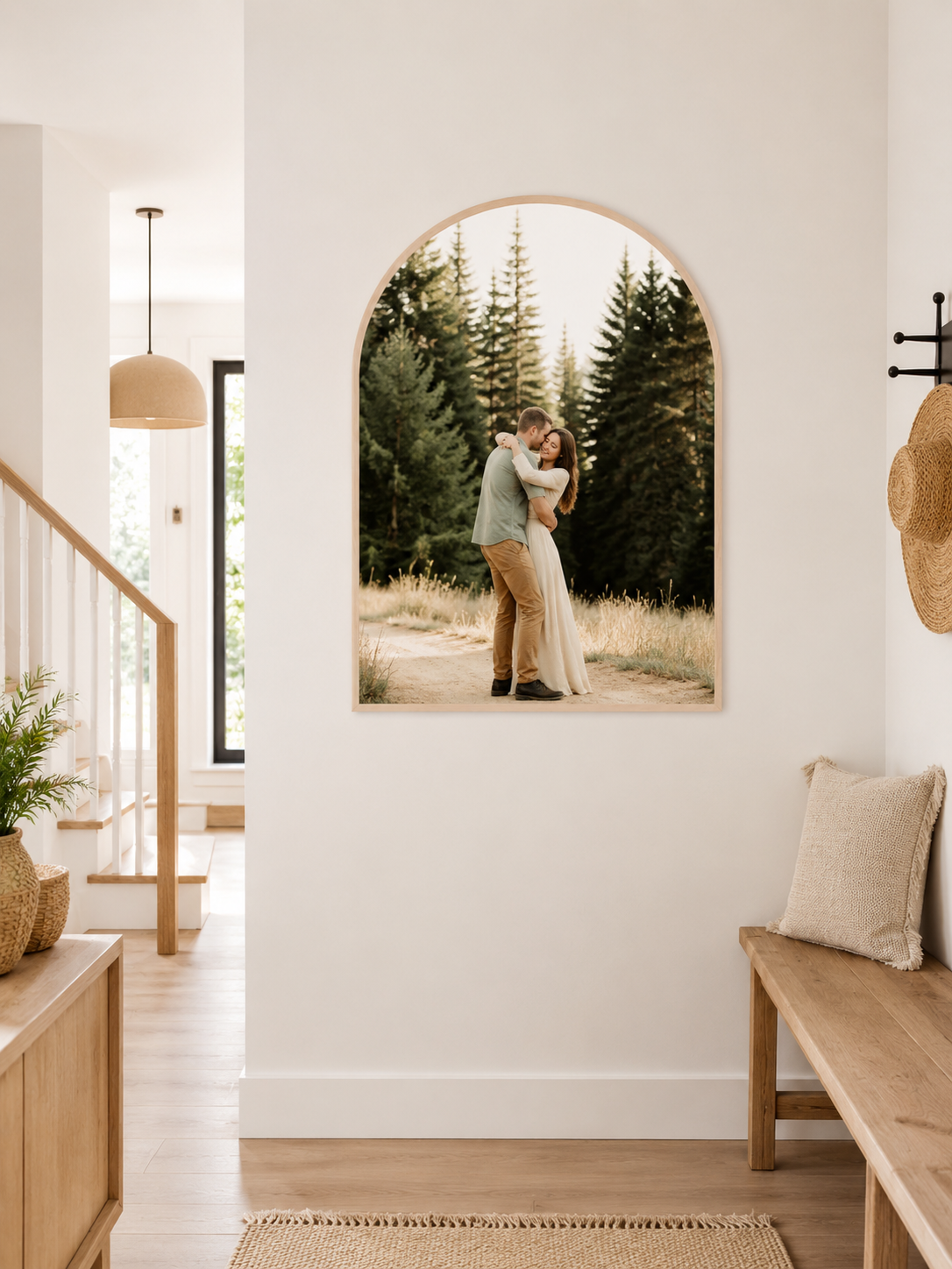 Large arch wood photo frame in hallway.png