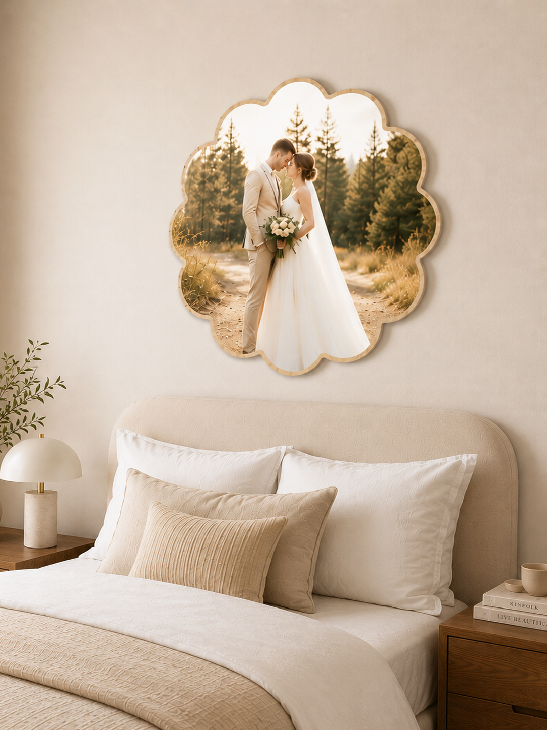 scallop round shape photo frame wood photo block above bed angle glen iris zoom in.png