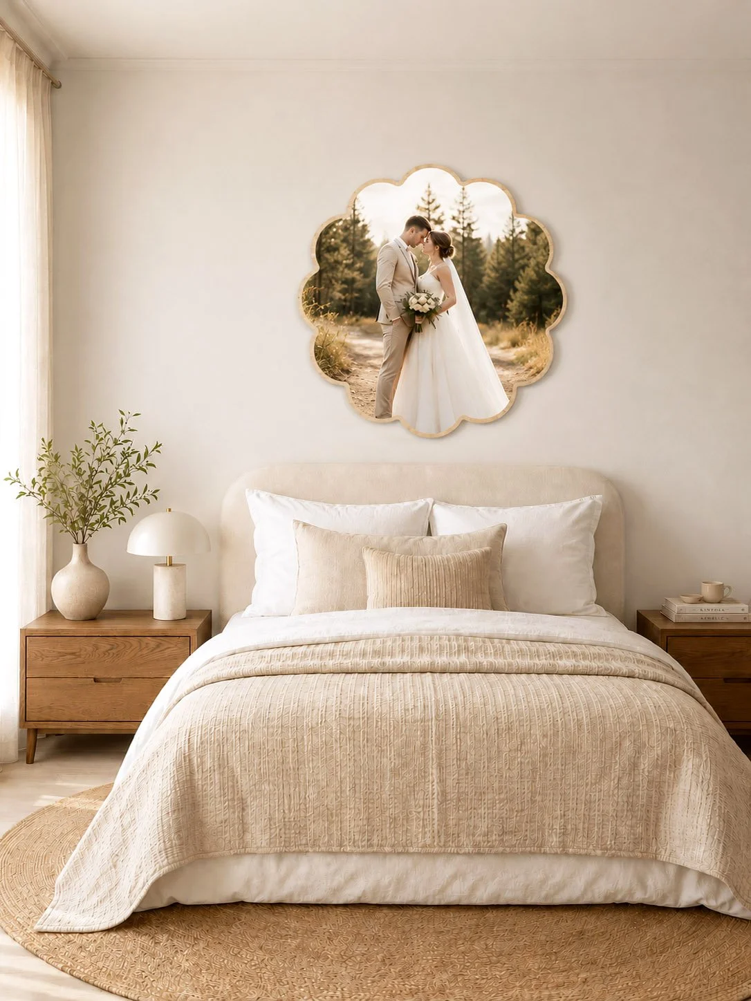 scallop round shape photo frame wood photo block above bed.jpg