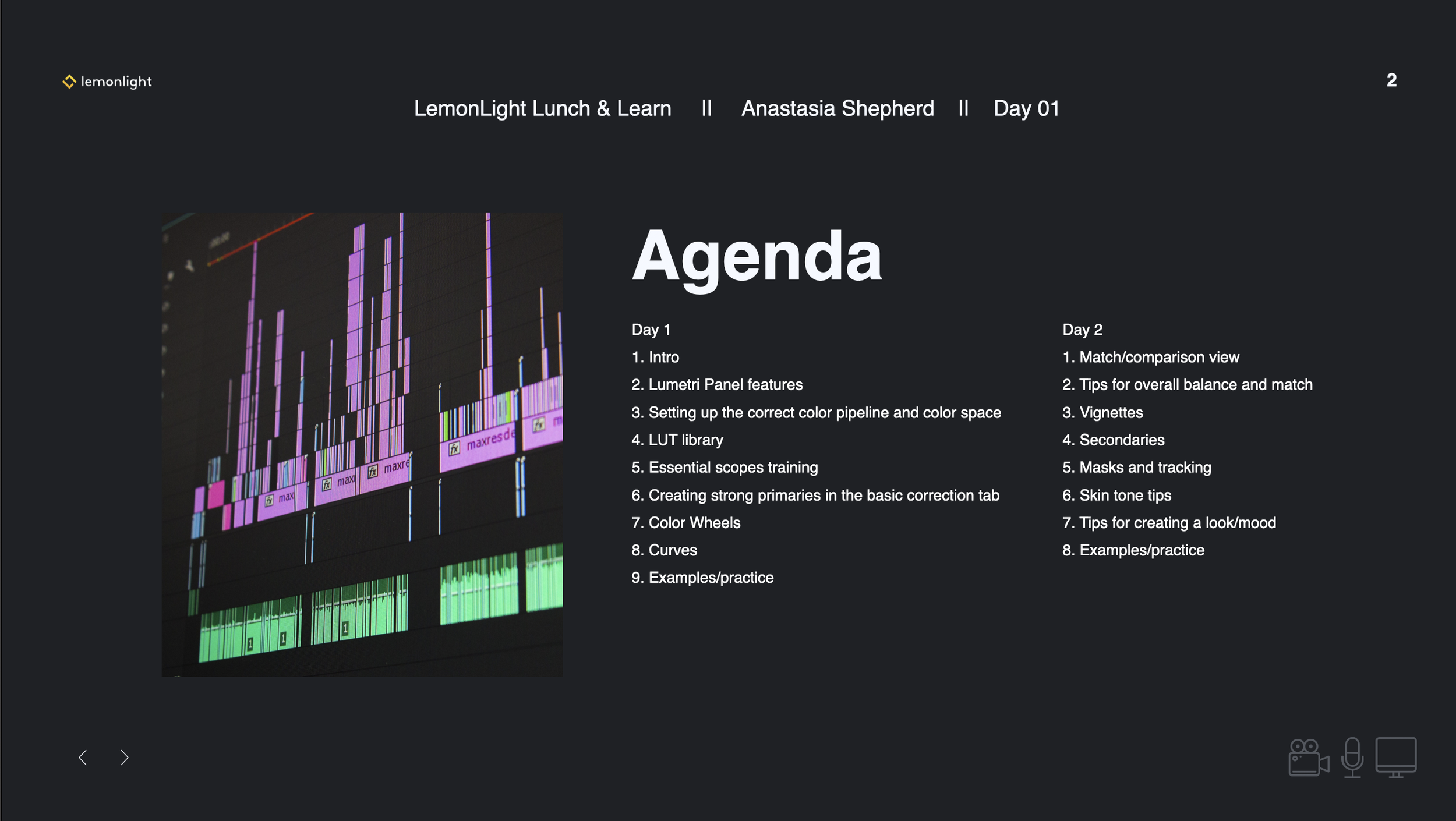 The agenda for my most recent class, a deep dive into Premiere's Lumetri color tool designed for editors