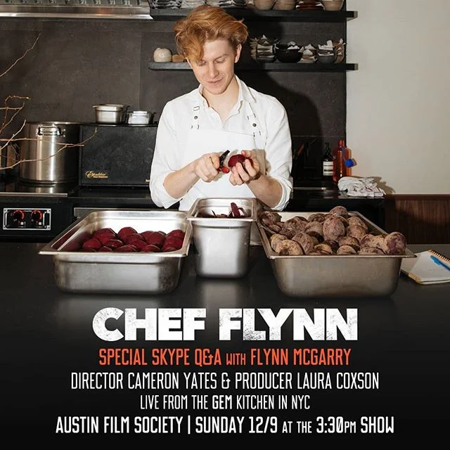#ChefFlynnFilm opens Friday in Austin, Chicago &amp; more and on Sunday there will be a special Skype Q&amp;A with @diningwithflynn, director Cameron Yates, and producer @lo_cee17 following the 3:30pm show at @austinfilm!