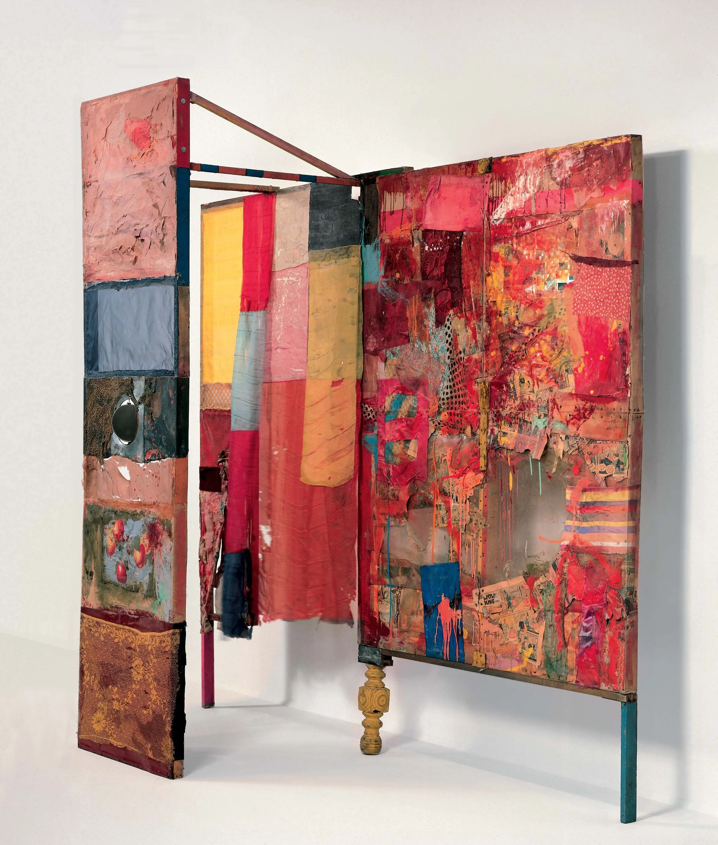 Robert Rauschenberg: Minutiae 1954.  A freestanding combine, something that wasn't hung on the wall but could stand on the floor. Made for Merc Cunningham's dance  play.
