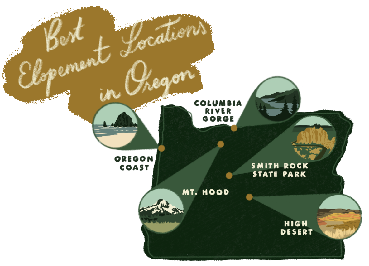 a map of the 5 best elopement locations in Oregon