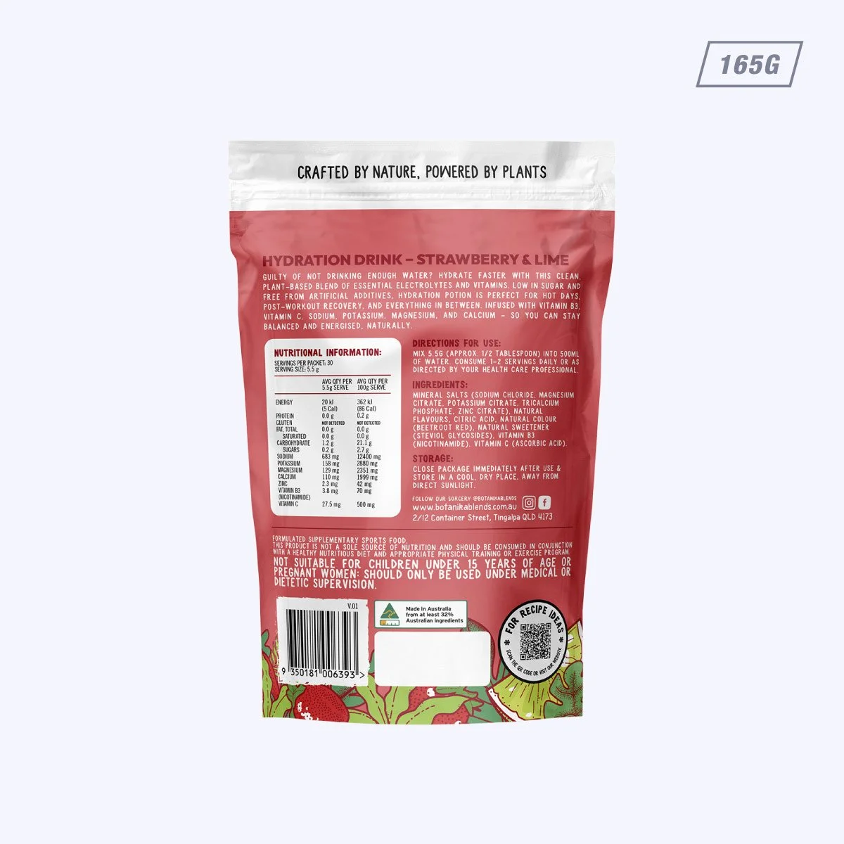 Botanika Blends Hydration Potion Strawberry Lime 165g – Back Of Pack
