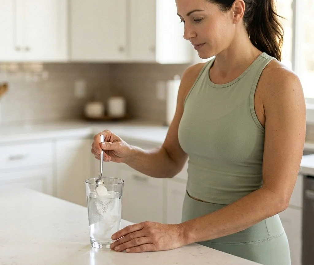 Australian woman stirring creatine powder into a glass of water in her kitchen, highlighting creatine for women’s brain health, strength and menopause support.