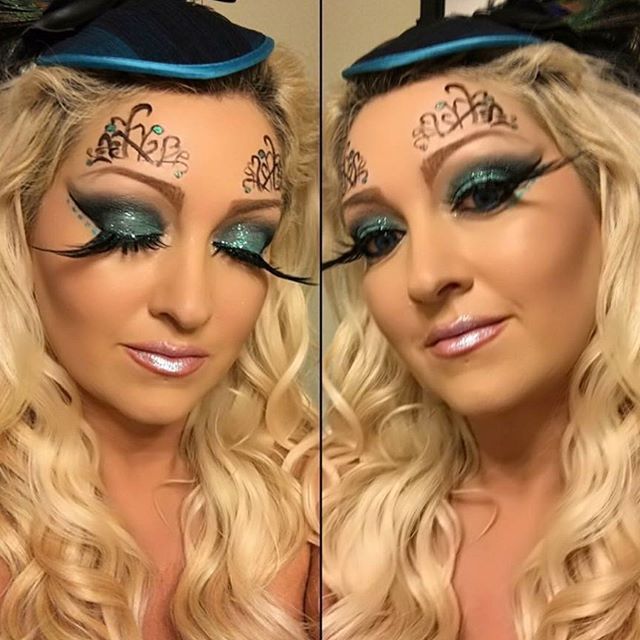 Peacock costume makeup!  Now those are some long lashes!! #halloweencostume #halloweenmakeup #costumemakeup #costumecontest #peacockmakeup #peacockcostume #lashesfordays #lashes #falselashes #smokeyeye #brows #blondehair #makeupartist #halloweenmakeu