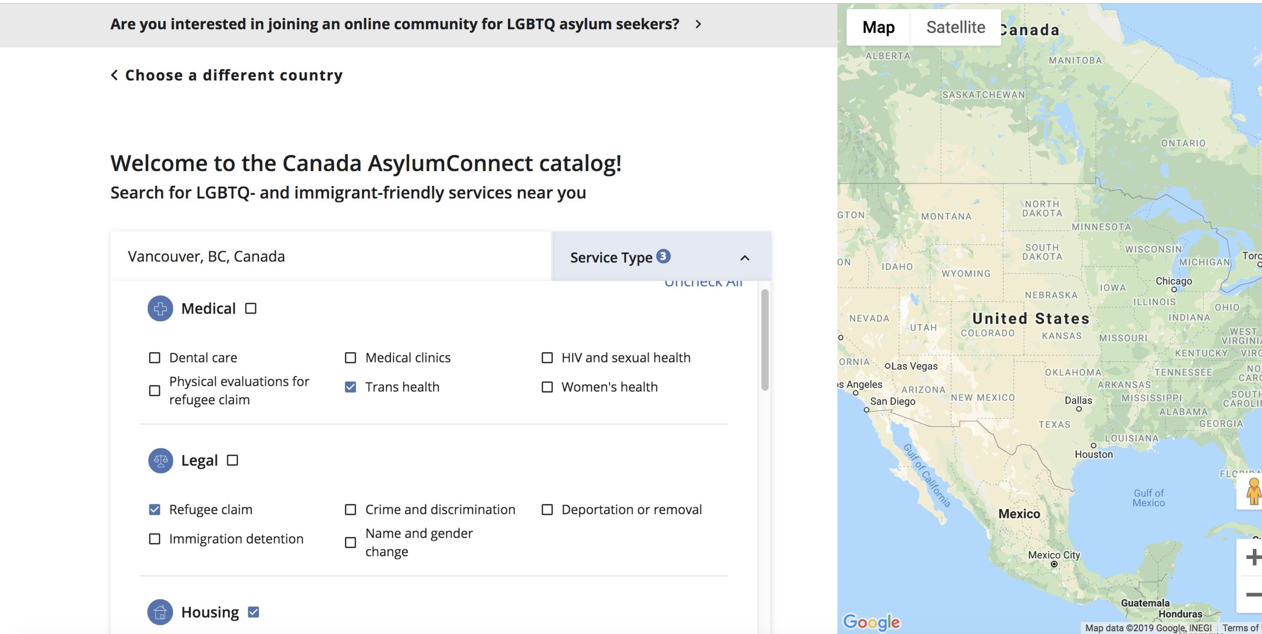 The Canada AsylumConnect catalog currently allows users to search for verified LGBTQ- and immigrant-friendly services across 13 categories and 26 subcategories.