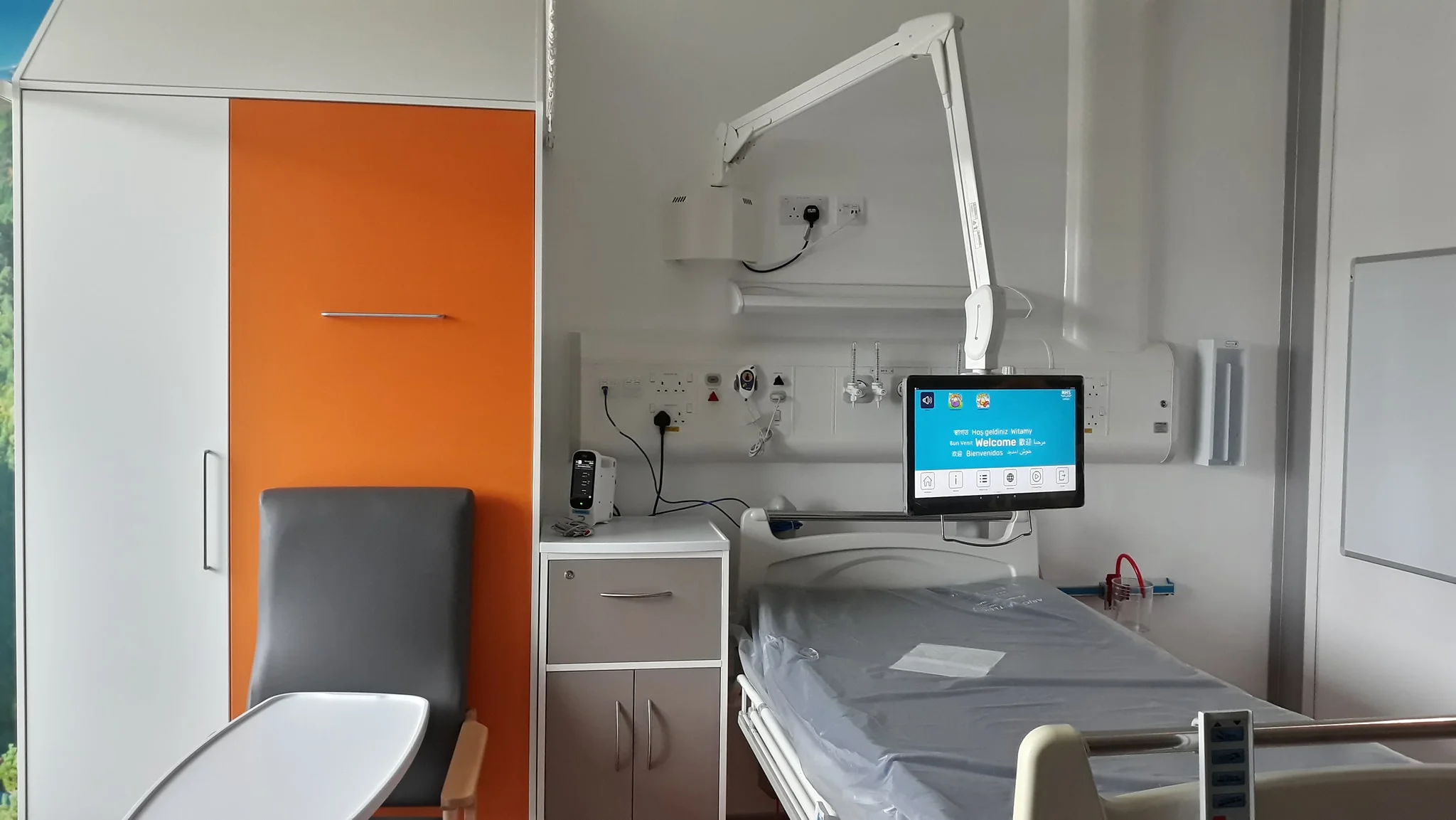 One of the many single rooms, with en suite and a parents bed that comes out of the cupboard. The TV will be free! controlled by an in room tablet.