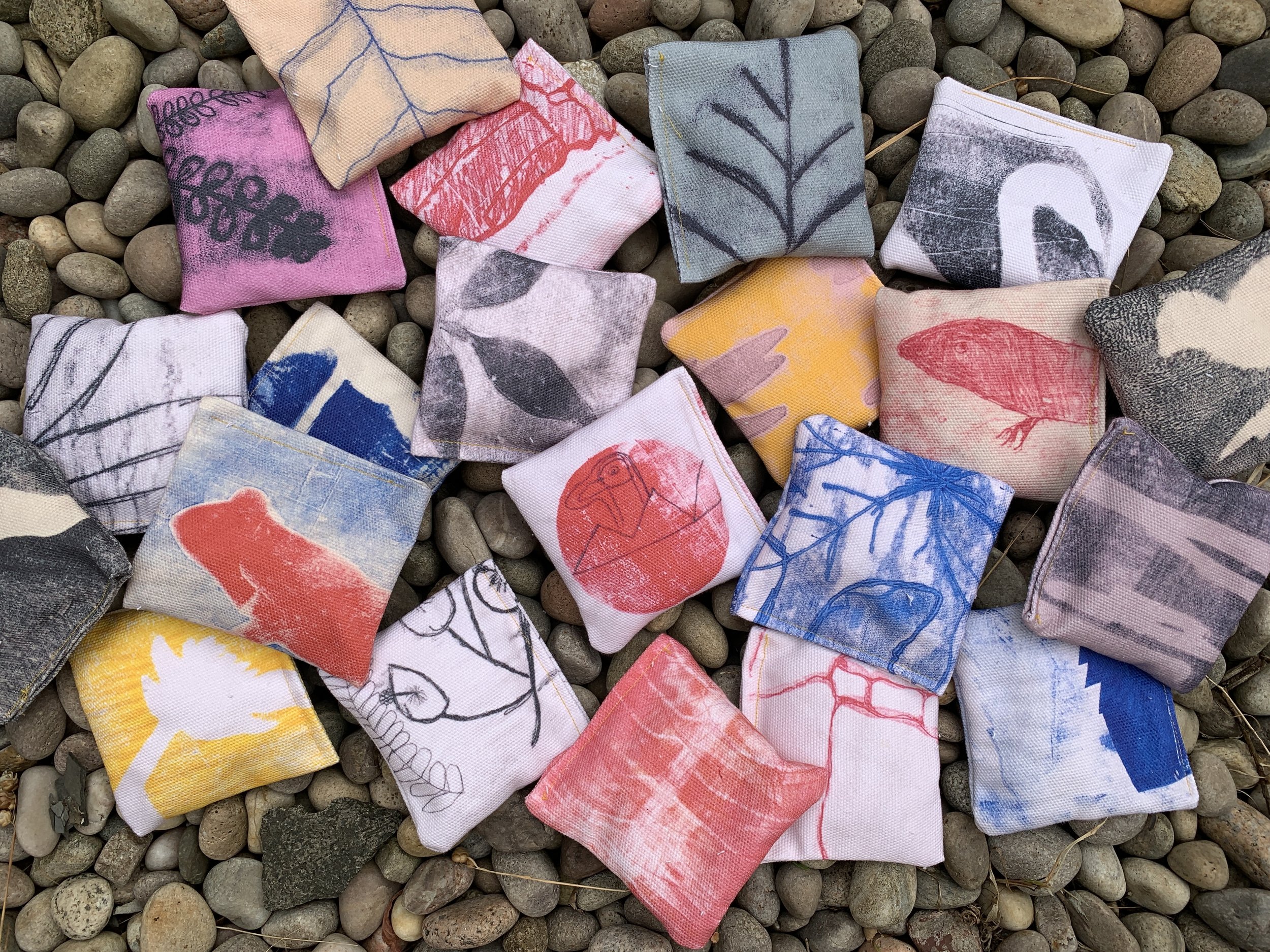  Weighted beanbags were made from fabric printed by volunteers and workshop participants. These will be used by the education team and during events.  