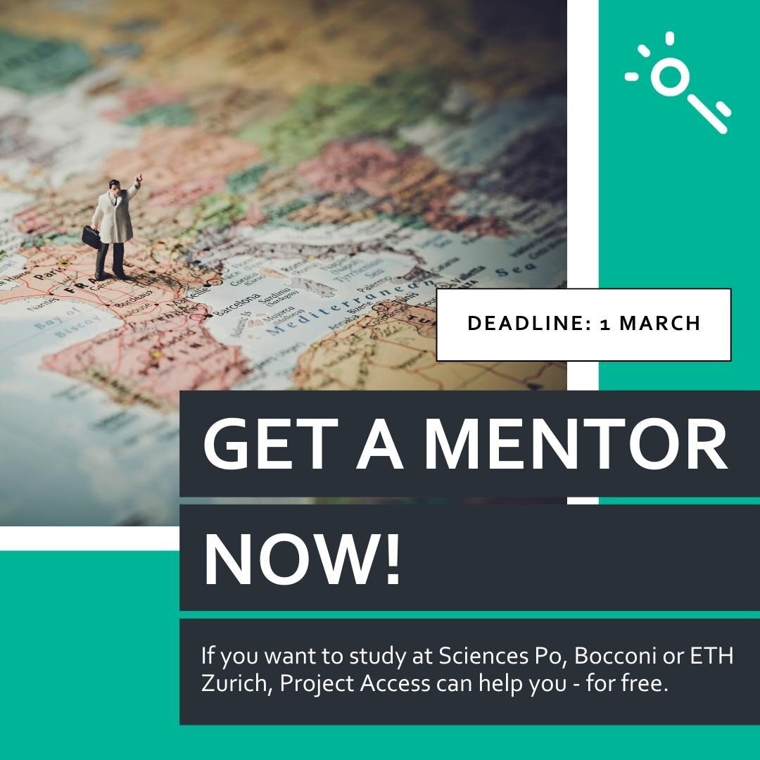 Make sure not to miss this chance! If you want to study at ETH Zurich 🇨🇭 , Sciences Po 🇫🇷 or Bocconi 🇮🇹 , Project Access can support you - for free. ⠀
⠀
Project Access provides support and 1-on-1 mentorship for young people applying to universi