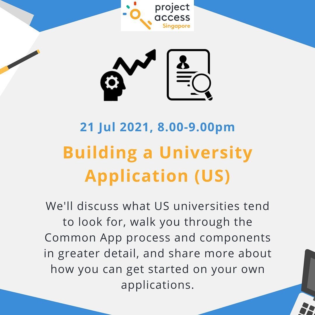 📋 Project Access SG is back again this week with our second Bootcamp Webinar on Wed 21 Jul (8pm): Building a University Application (US)! Thanks to all those who indicated your interest - we look forward to meeting you virtually this evening! 🔍

⏩ 