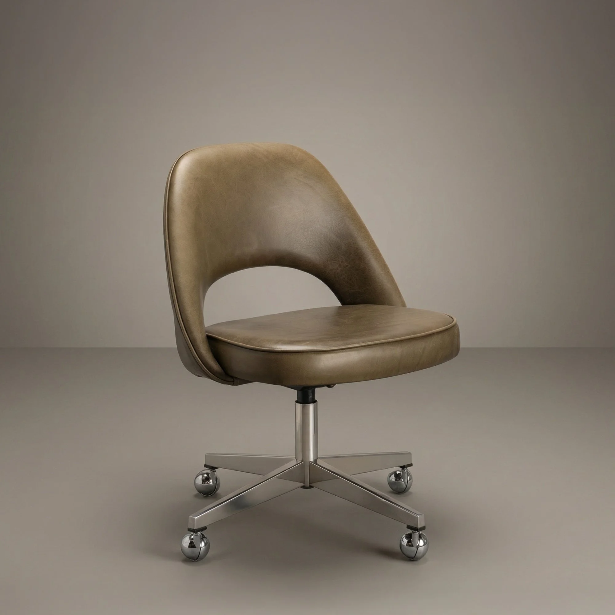 [OR366] Saarinen Executive Armless Chair in Olive Italian Leather, Stainless Swivel Base (AH Consignment) - Square.jpg