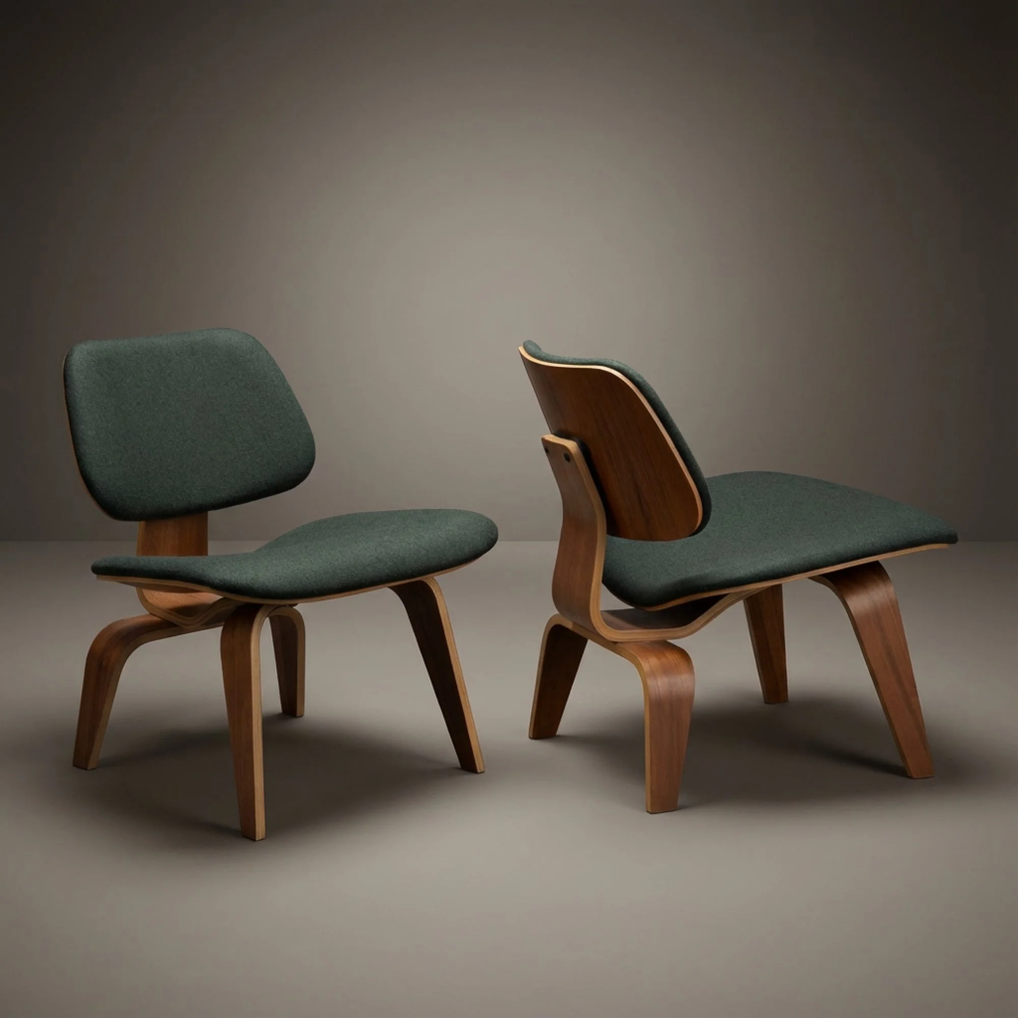[OR297] Eames LCW Chairs in Walnut & English Hunter Green Wool, Pair - Studio.jpg