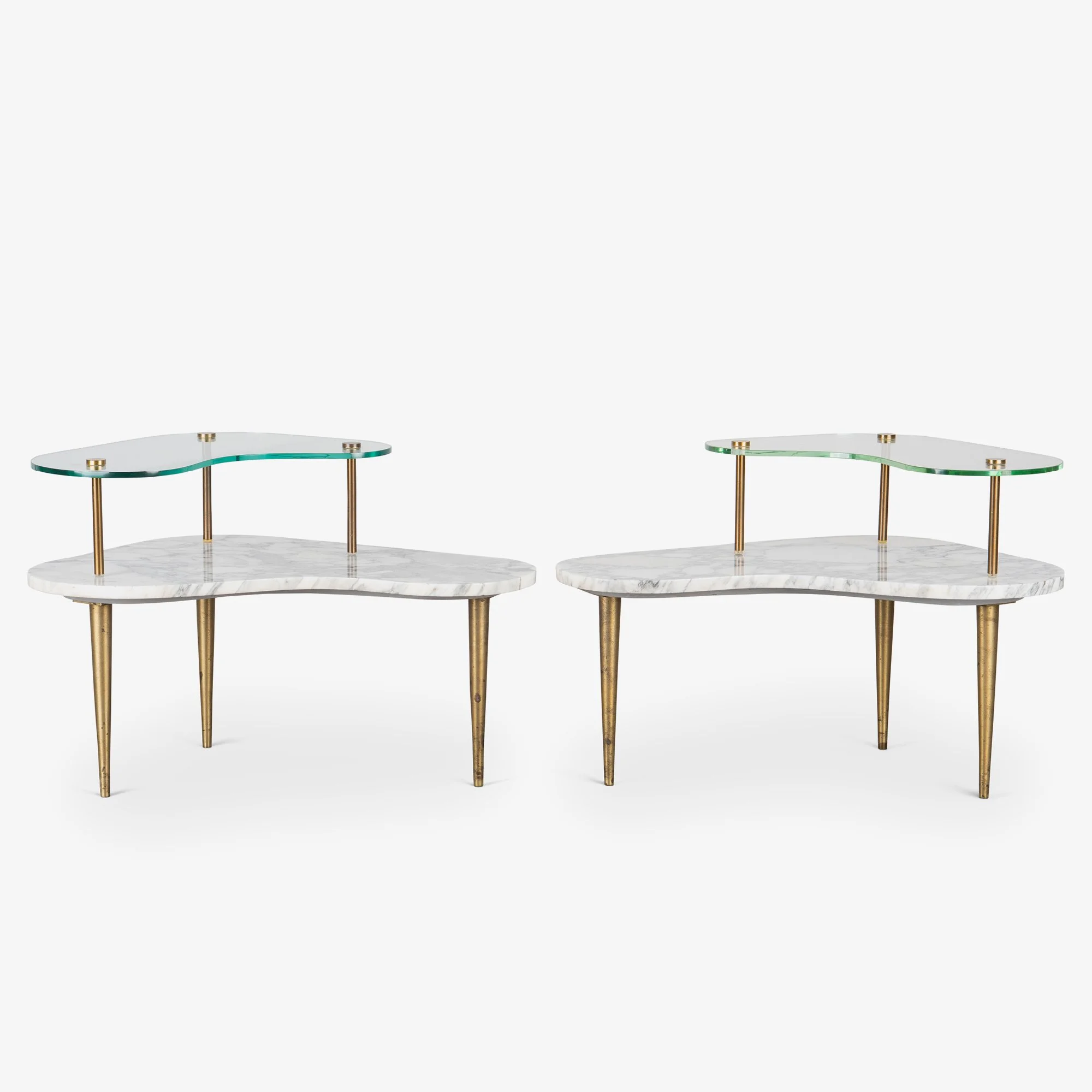 [OR331] Italian Organic-Form Carrara Marble Side Tables with Glass Tiers, Pair - Square4.jpg