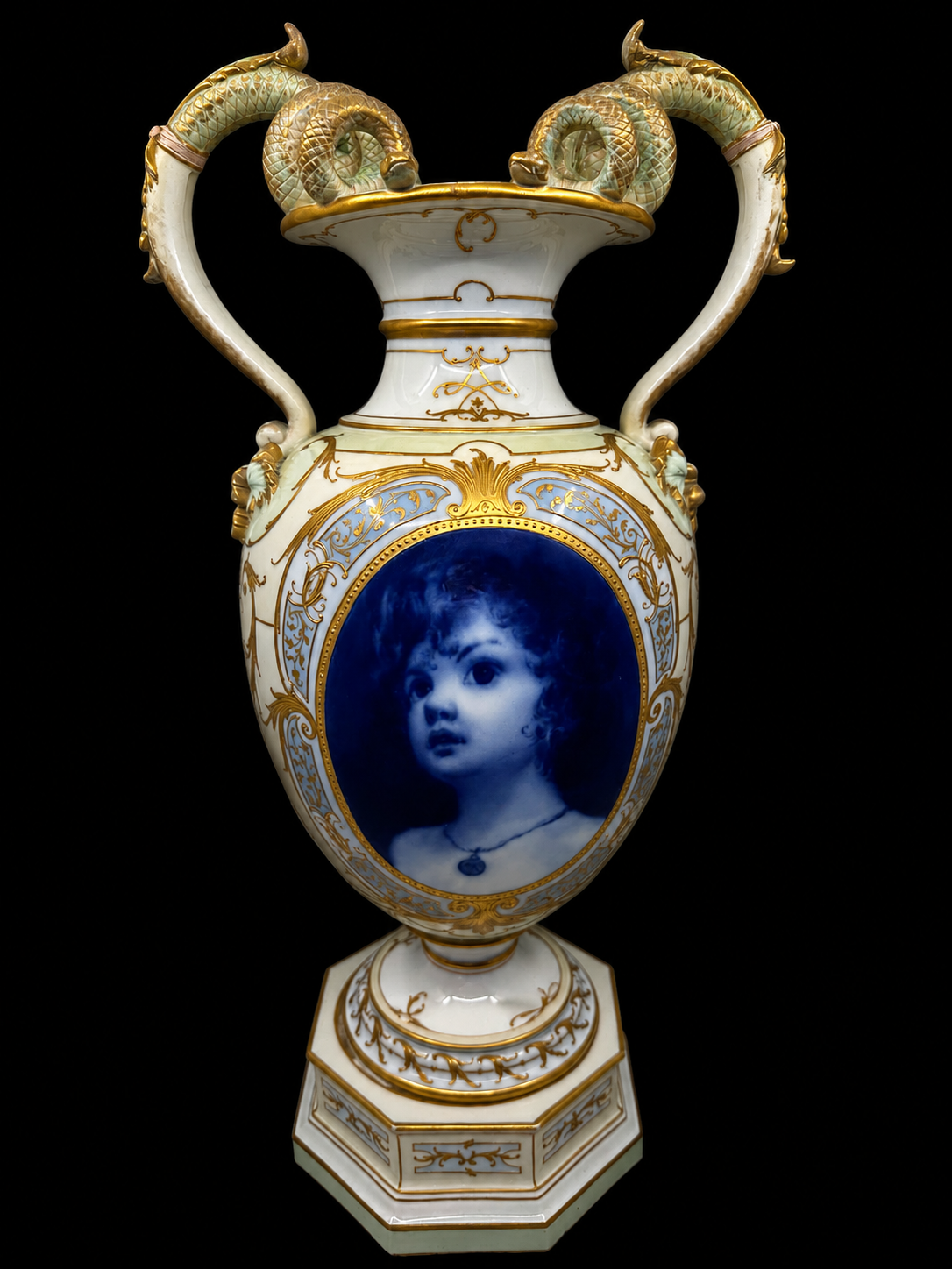 BEAUTIFUL LARGE KPM SNAKE HANDLED VASE 19TH CENTURY
